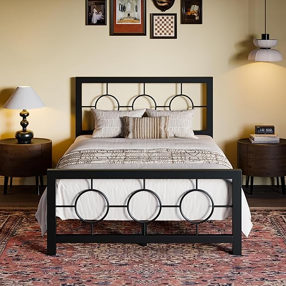 Full Size Metal Bed Frame with Vintage Circular Design Headboard