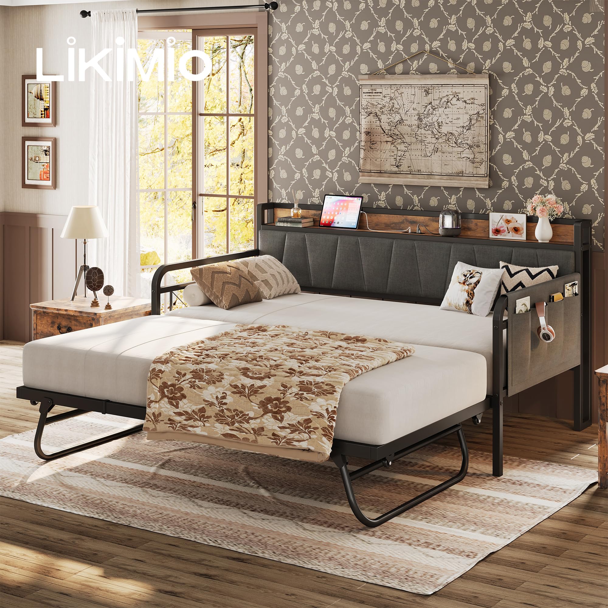 Trundle Bed, Twin Bed Frame with Storage Headboard and Charging