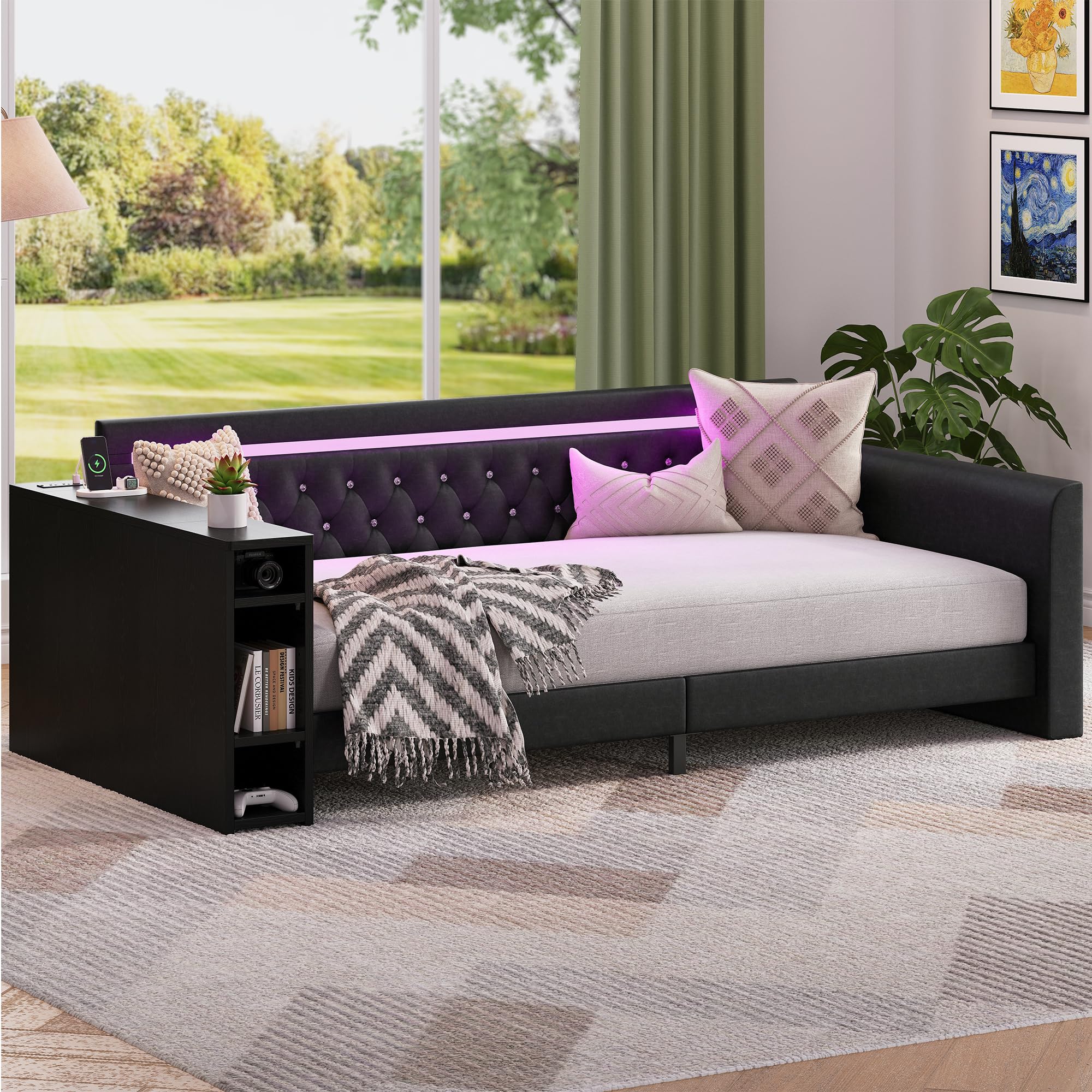 Daybed with Storage, Twin Day Bed Frame with Charging Station & LED, Sofa Bed
