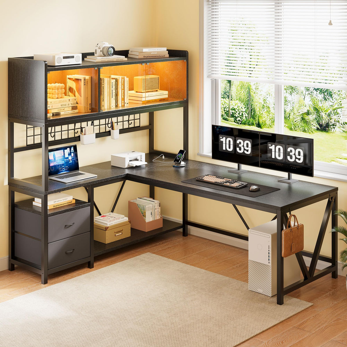 L-Shaped Gaming Desk with LED Cabinet, Drawers & Power Outlet