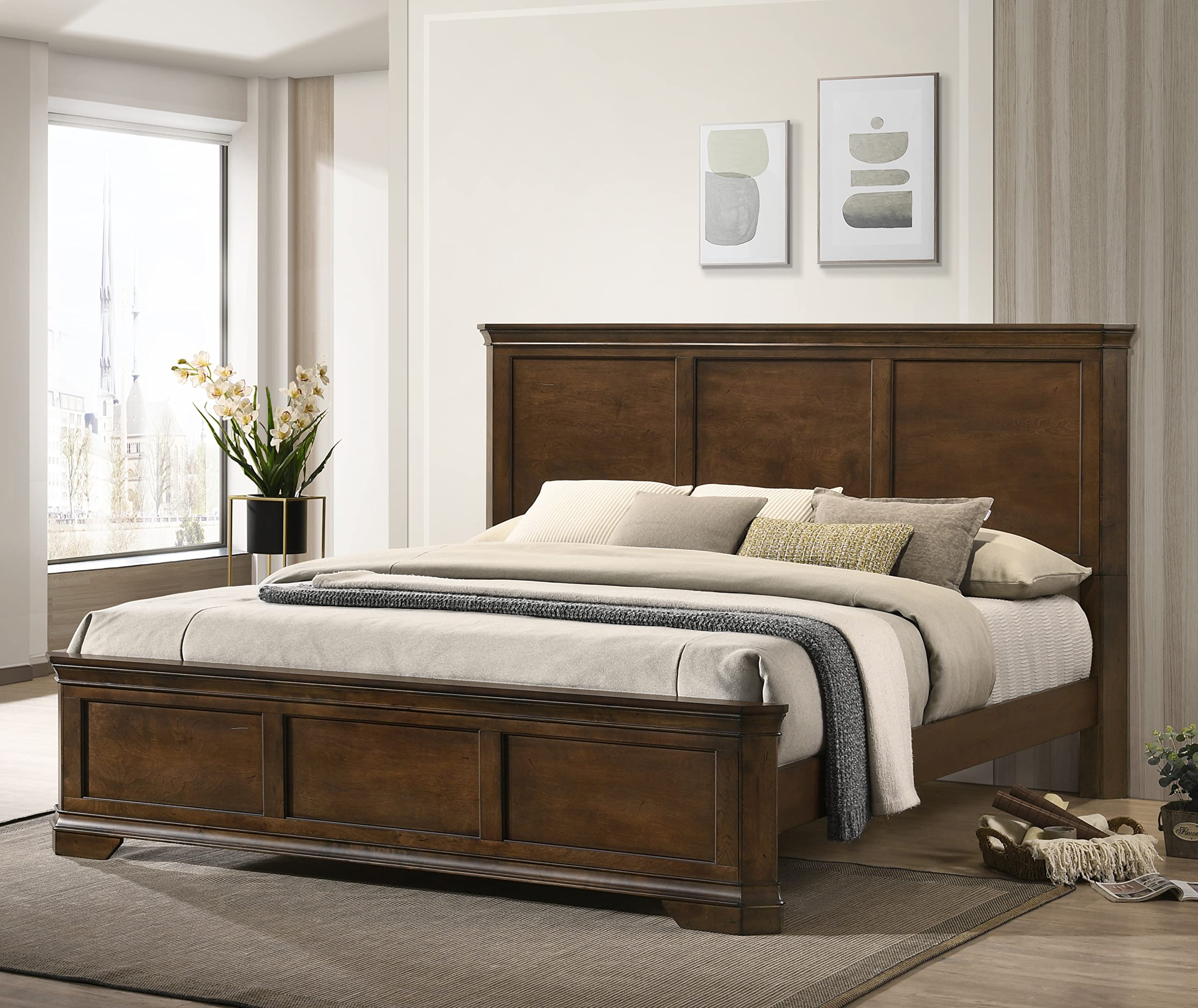 Maderne Traditional Wood Panel Bed, King (U.S. Standard), Antique Walnut