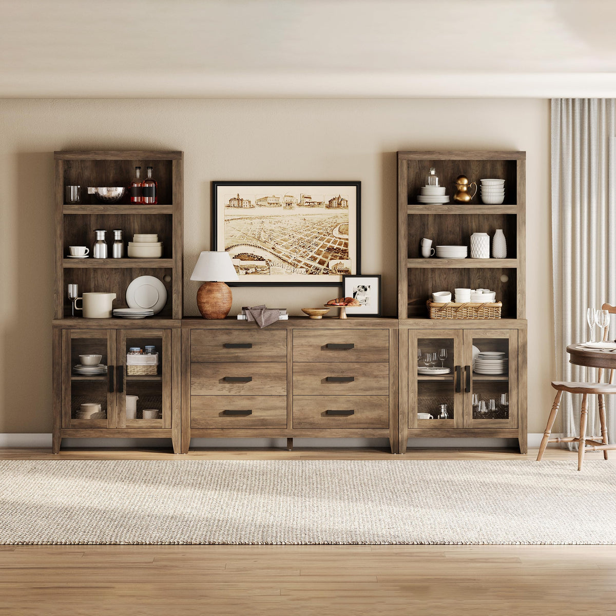 Farmhouse Entertainment Center Wall Unit with Bookshelves & Glass Door Cabinets