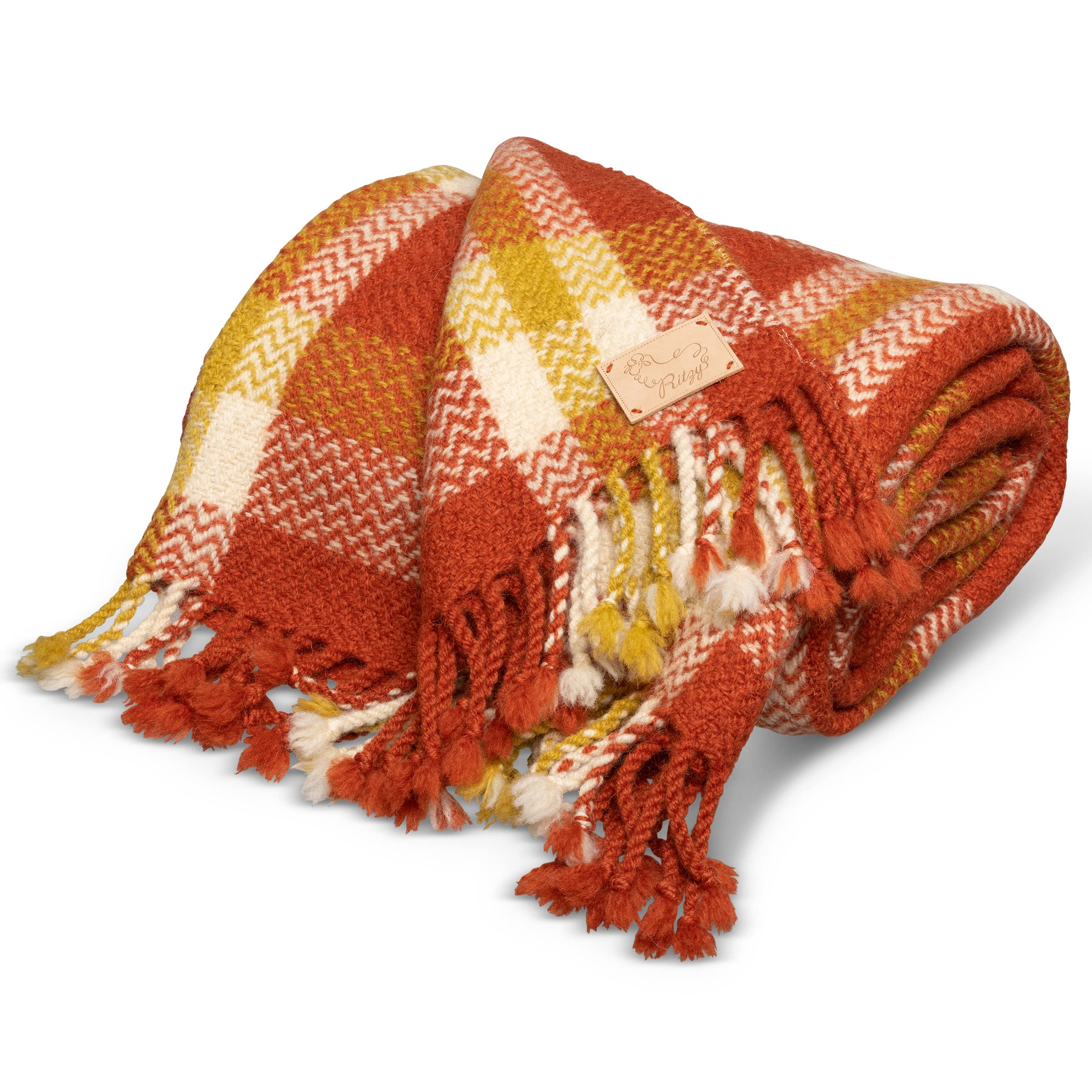 Plaid 100% Wool Blanket - Rust Orange 60 x 80 Inches