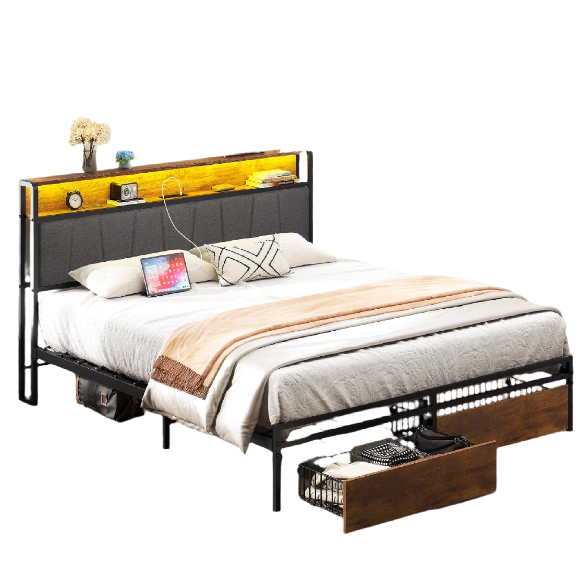 Queen Bed Frame with 2-Tier Storage Headboard, Metal Platform Bed Frame