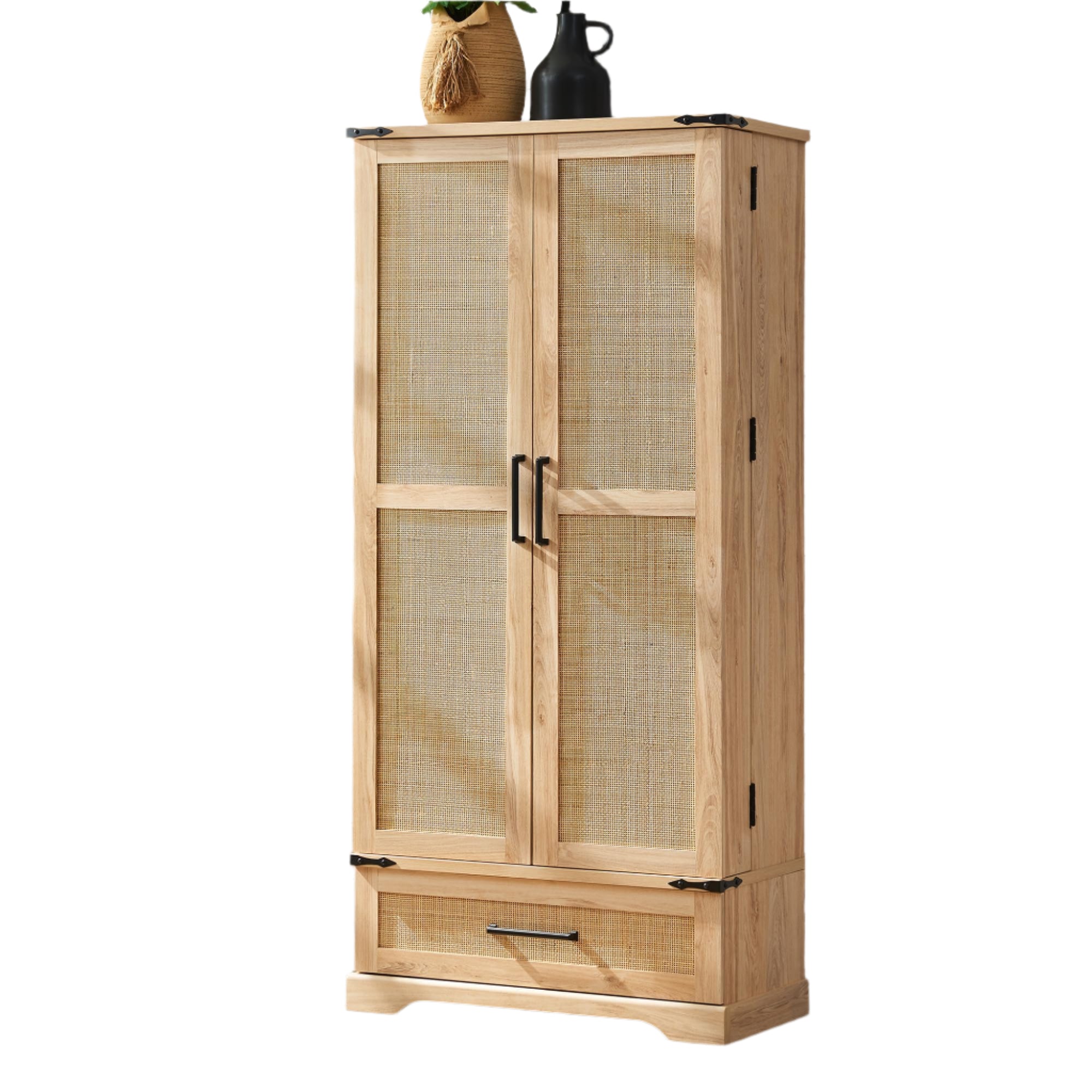72" Tall Rattan Kitchen Pantry Cabinet with Drawer, Boho Storage Cabinet