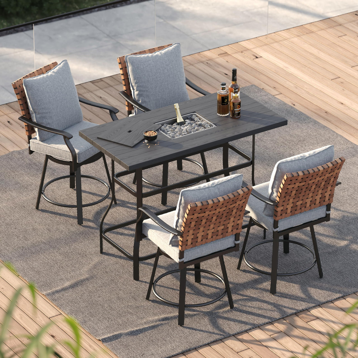 5-Piece Outdoor Fire Pit Bar Set with Swivel Stools & Ice Bucket
