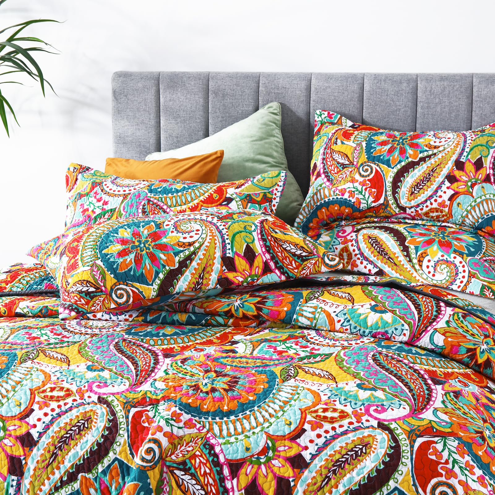 California King Quilt, Boho Paisley Pattern Colorful Cotton Quilt