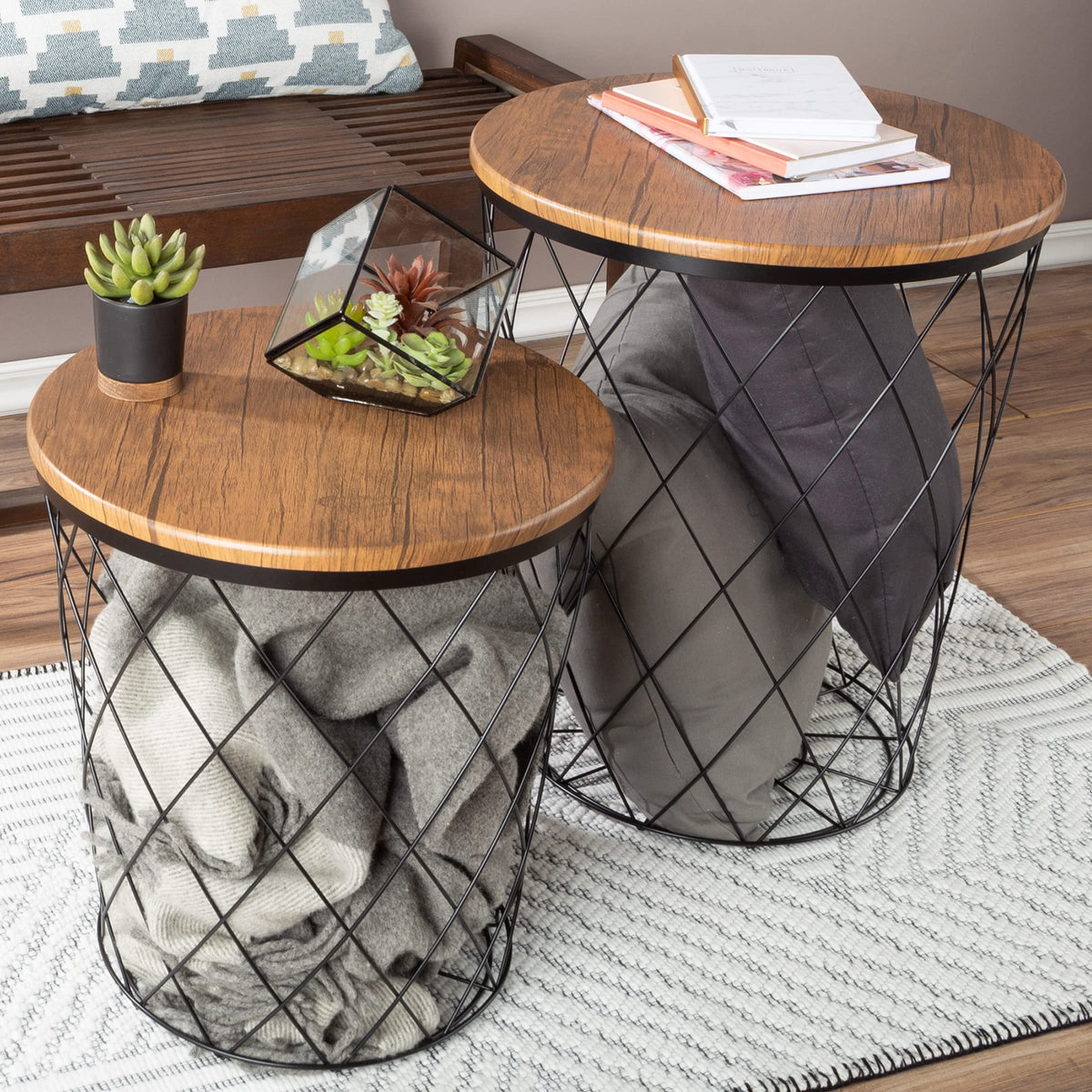 Nesting Side Tables Set of 2 – Metal Wire & Wood Lid