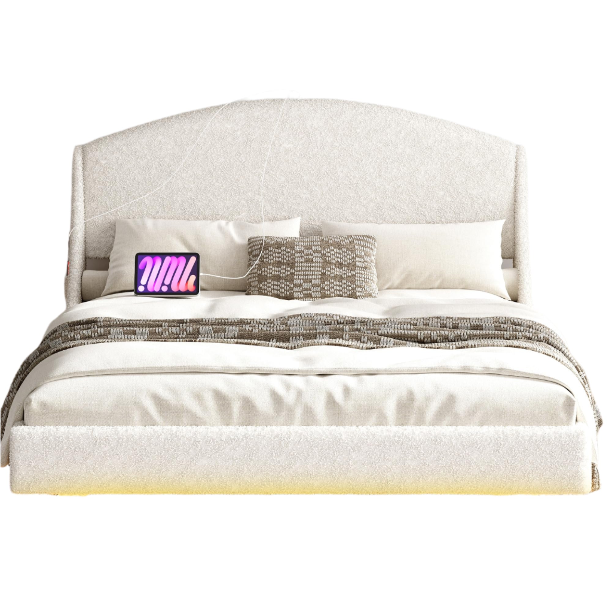 Floating Bed Frame Queen Size with Tufted Rund Headboard & Charging Station