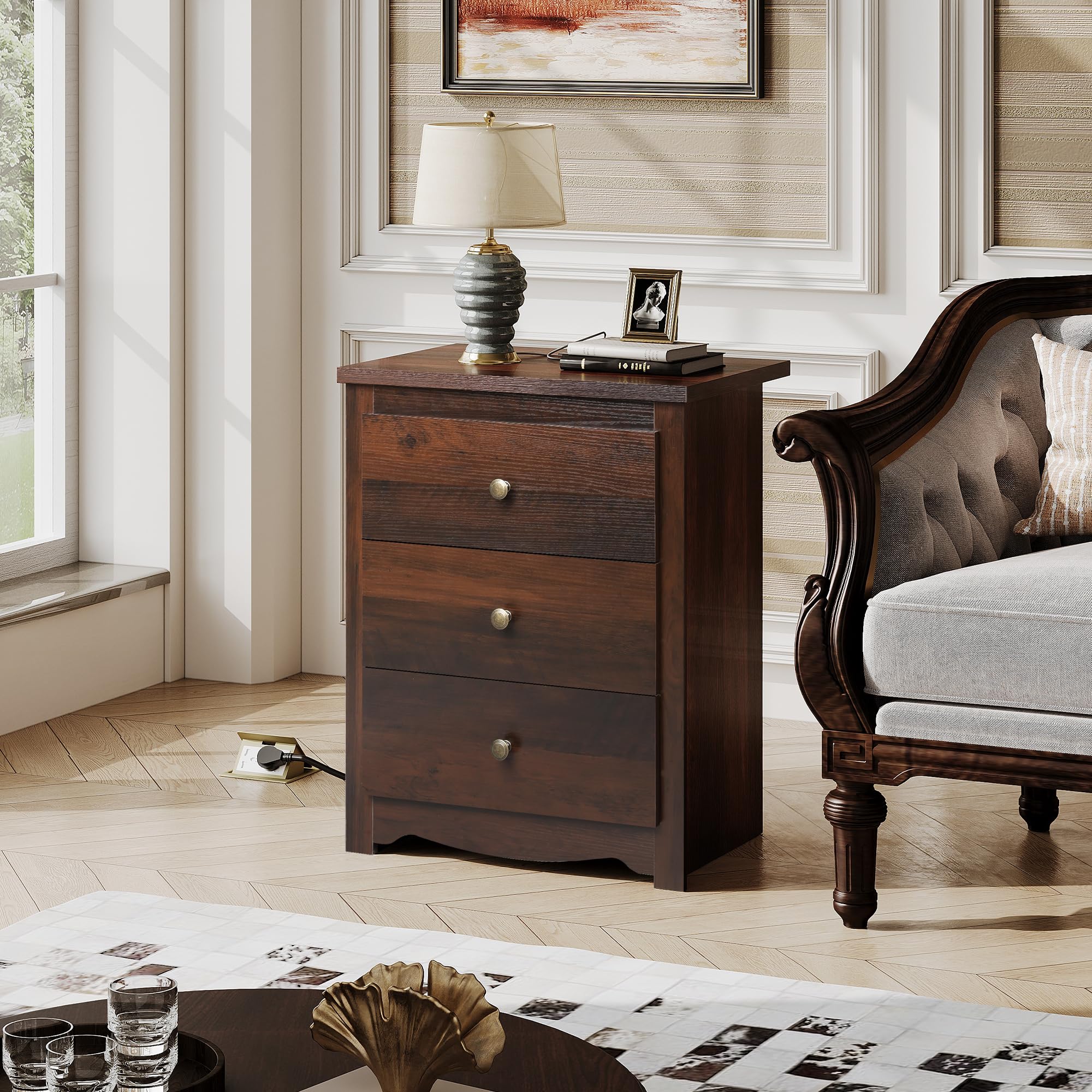 Nightstand with Charging Station, Wood Nightstand with 3 Drawers