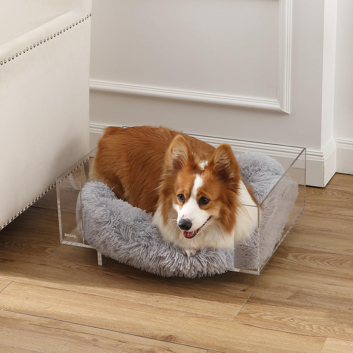 Lucite Acrylic Pet Bed with Faux Fur Washable Cushion