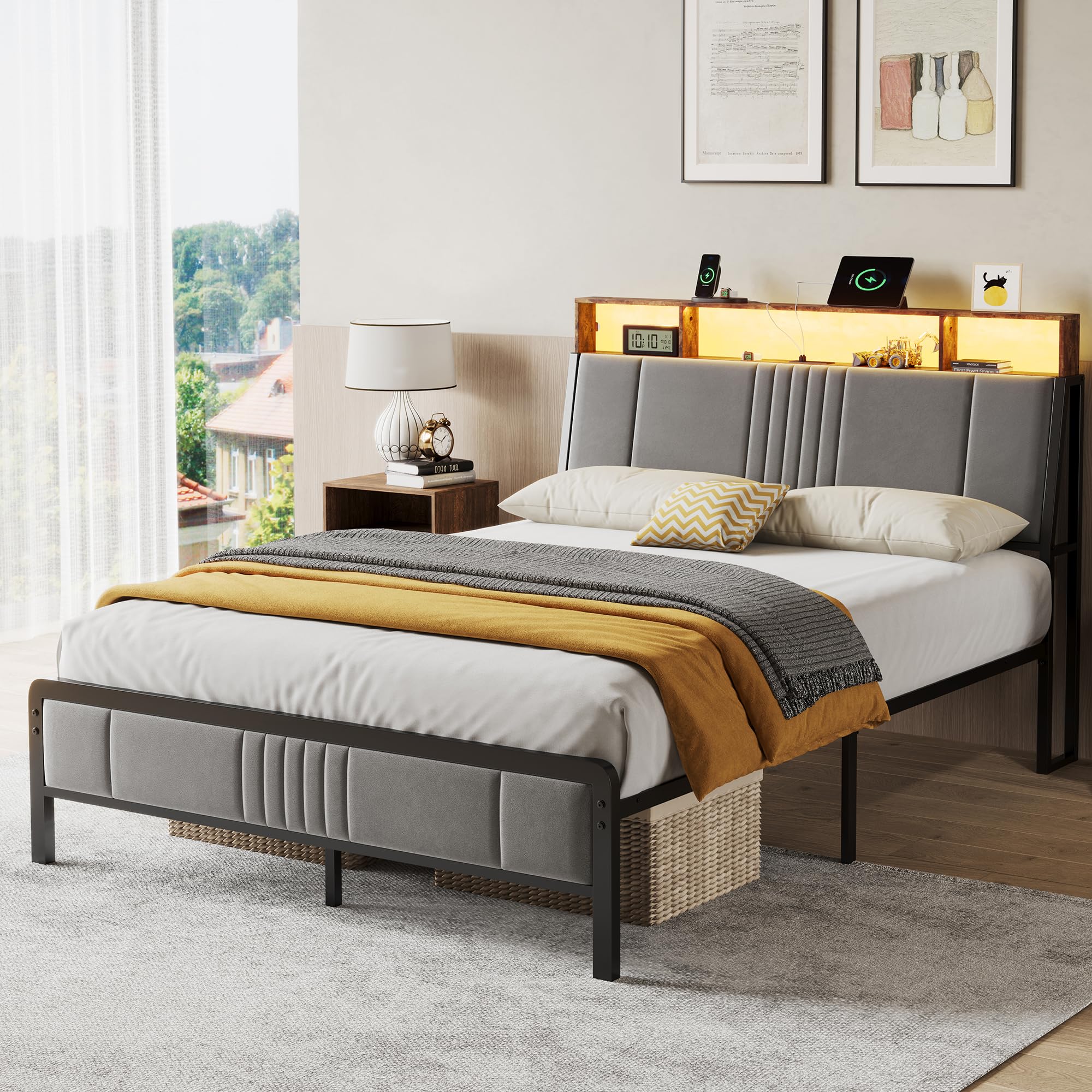 Queen Bed Frame with Ergonomic Headboard