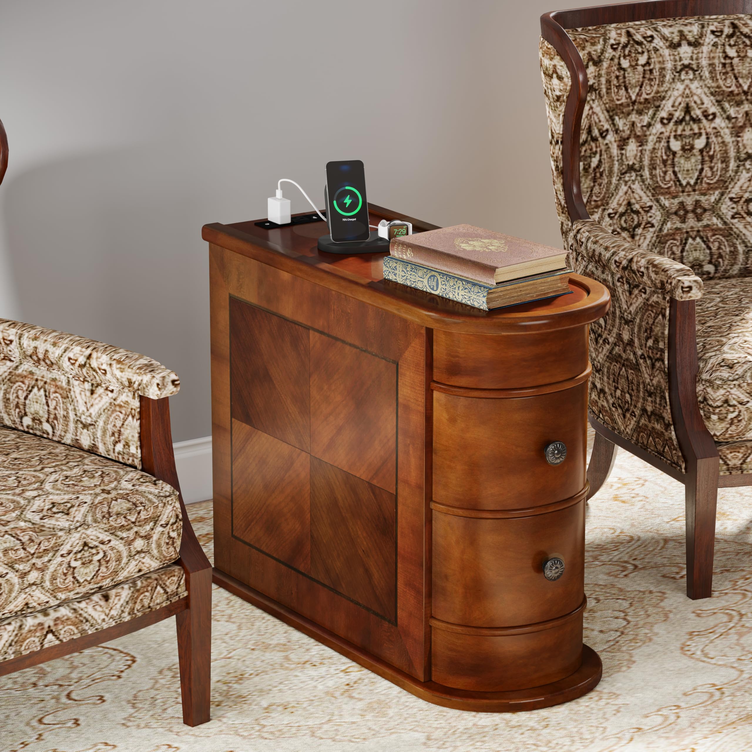 Solid Wood End Table with Charging Station Set of 2, No Assembly Required Narrow