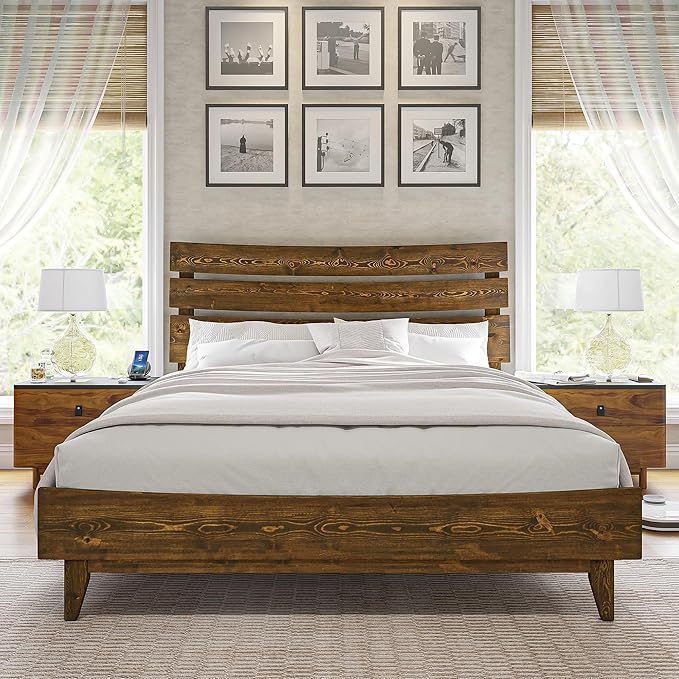 King Size Solid Wood Bed Frame, Mid-Century Platform Bed with Slatted Headboard