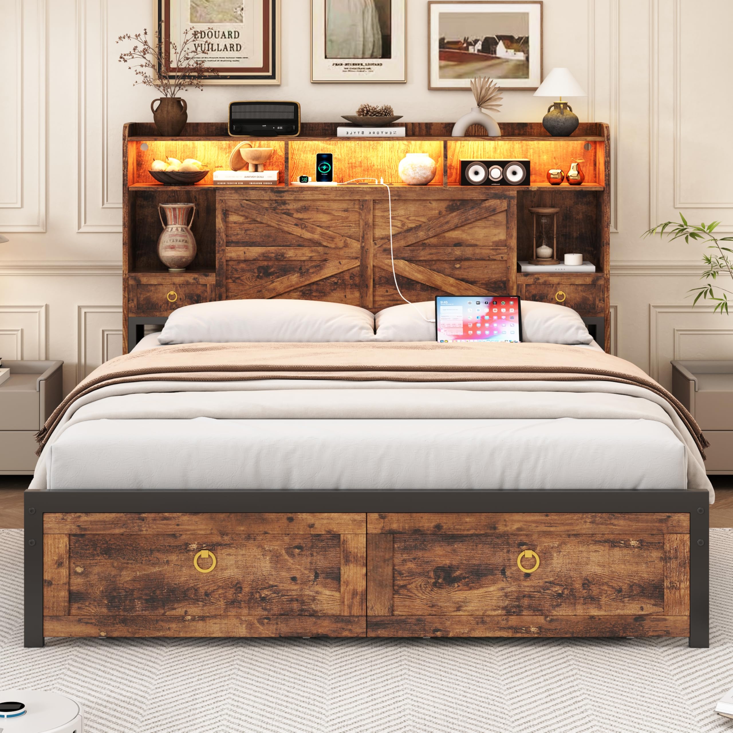 Full Bed Frame with 4 Drawers Bookshelf Headboard, Farmhouse Bed Frame