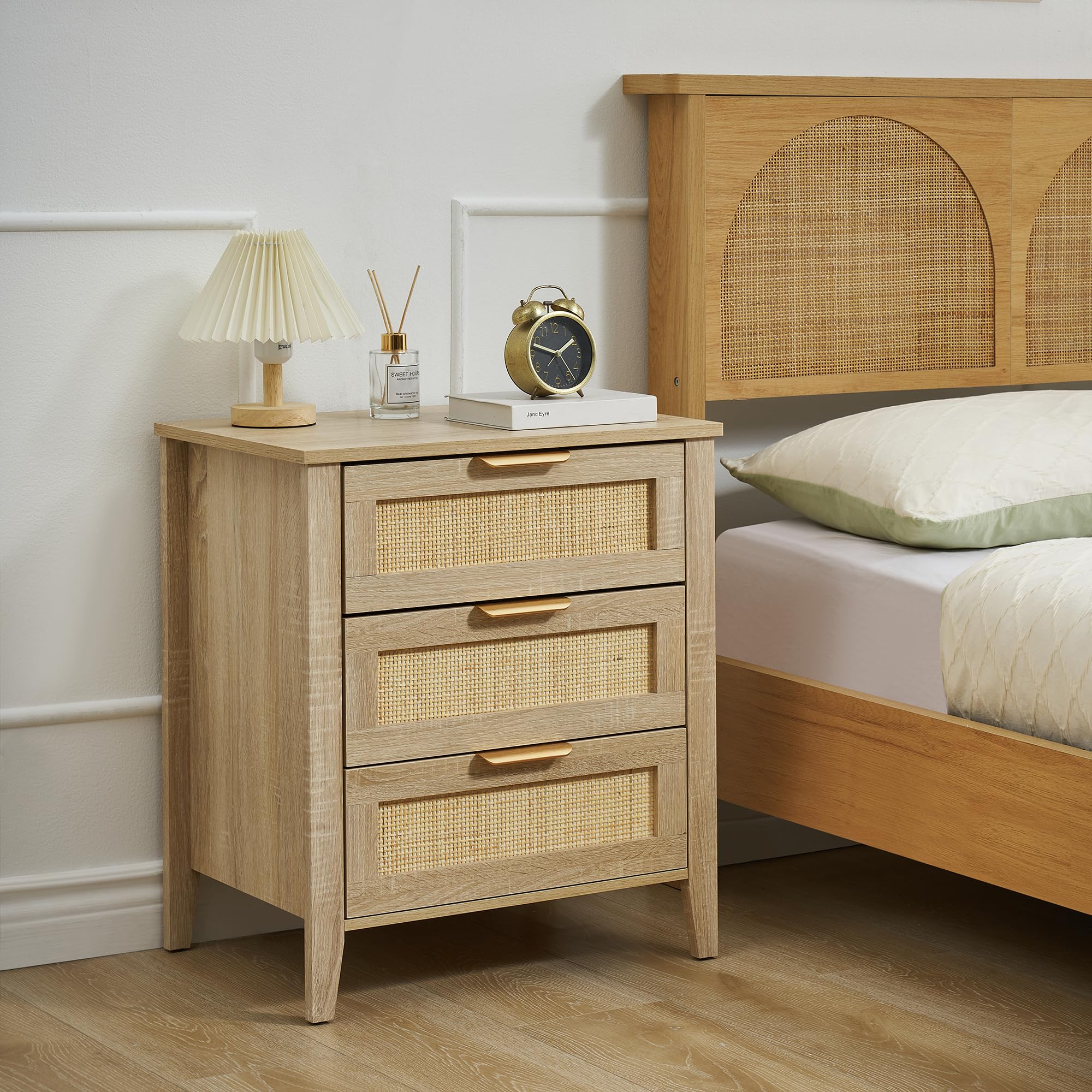 Rattan Nightstand, Boho Nightstand with 3 Natural Rattan Drawers