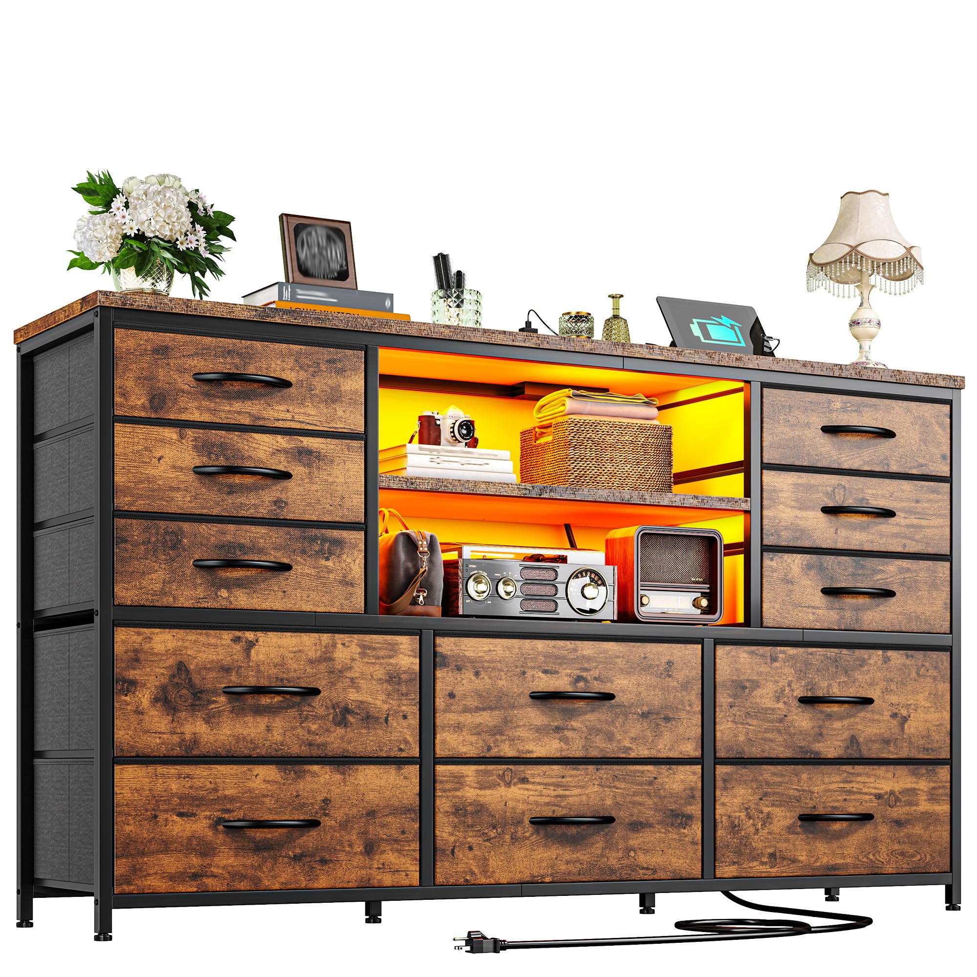 Dresser with Charging Station & LED Lights, Chest of Drawers with 12 Drawers for 55" TV