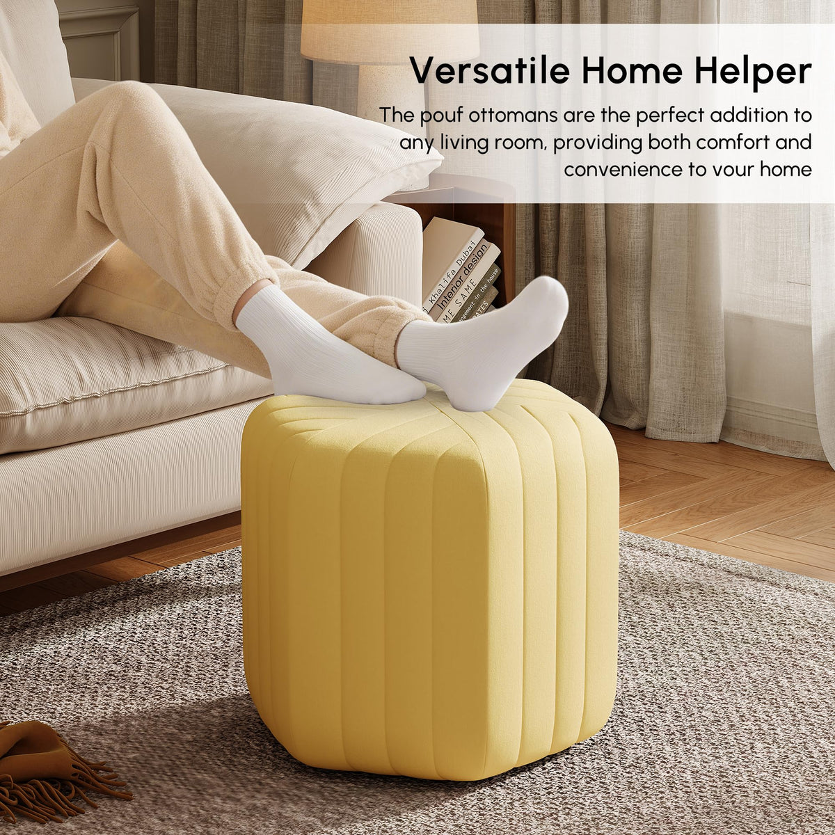 Hexagonal Velvet Ottoman with Wood Base