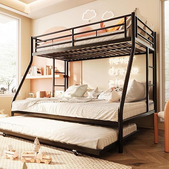 Metal Bunk Beds with Double Secured Ladders, Bunk Bed Twin Over