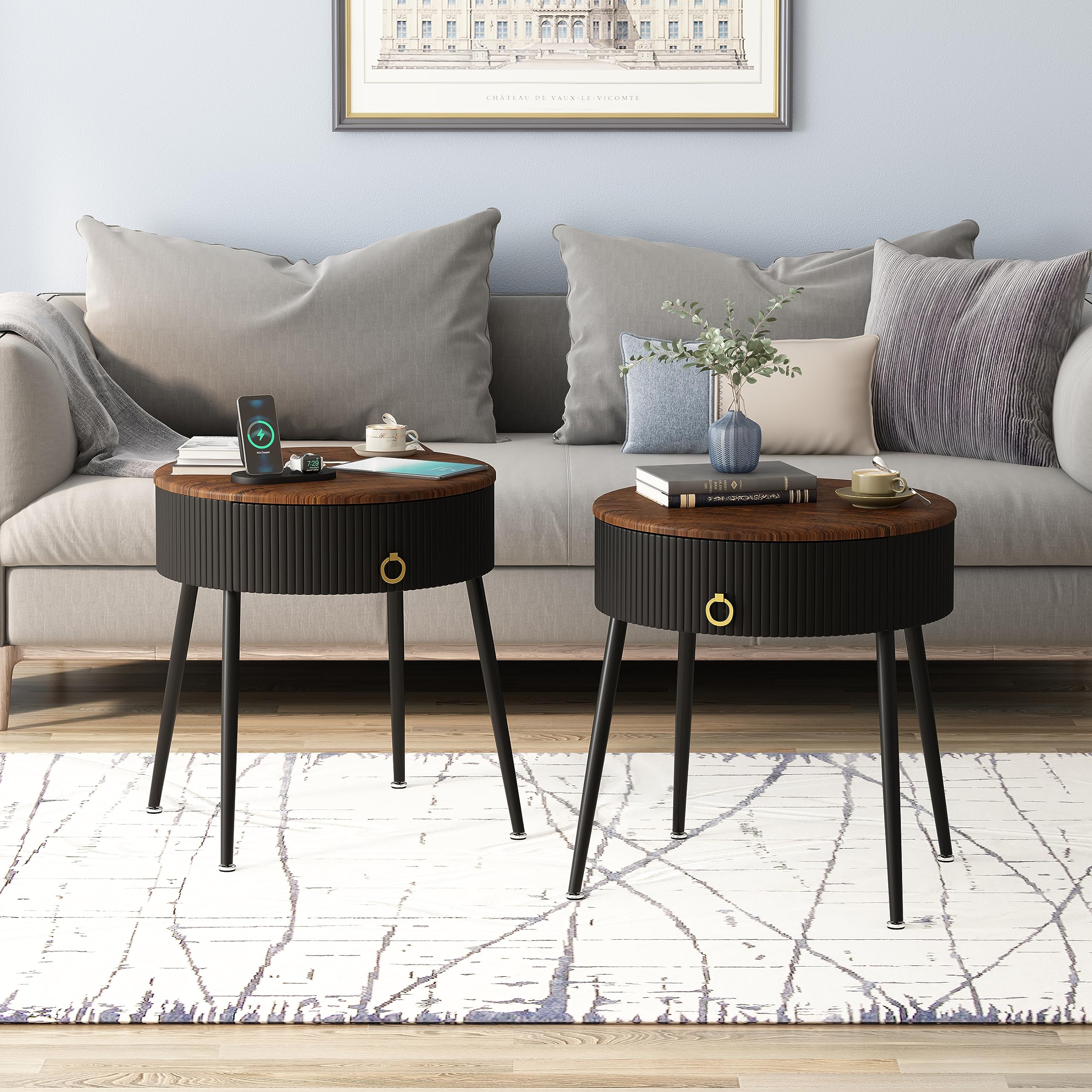 Side Tables Set of 2, Round Nightstand with Drawer