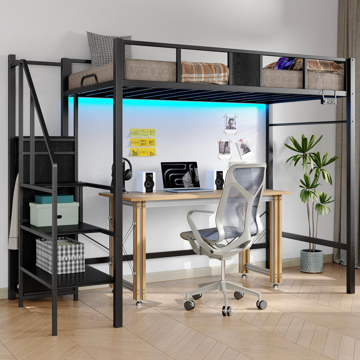 Twin Loft Bed with Storage Stairs, Wardrobe, RGB LED & Charging Station