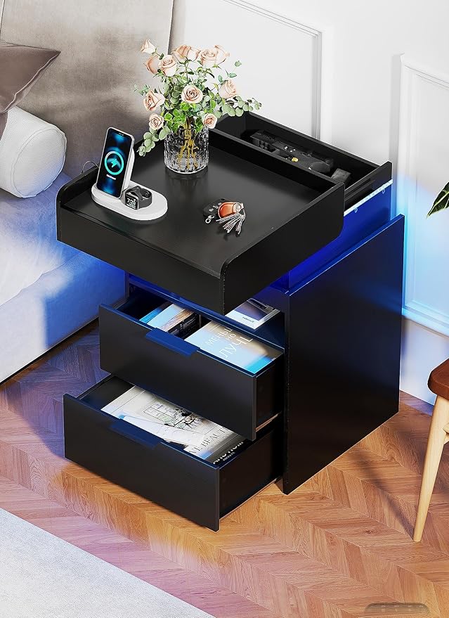 Night Stand with Gun Drawer - Modern Nightstand with Charging Station & LED Lights