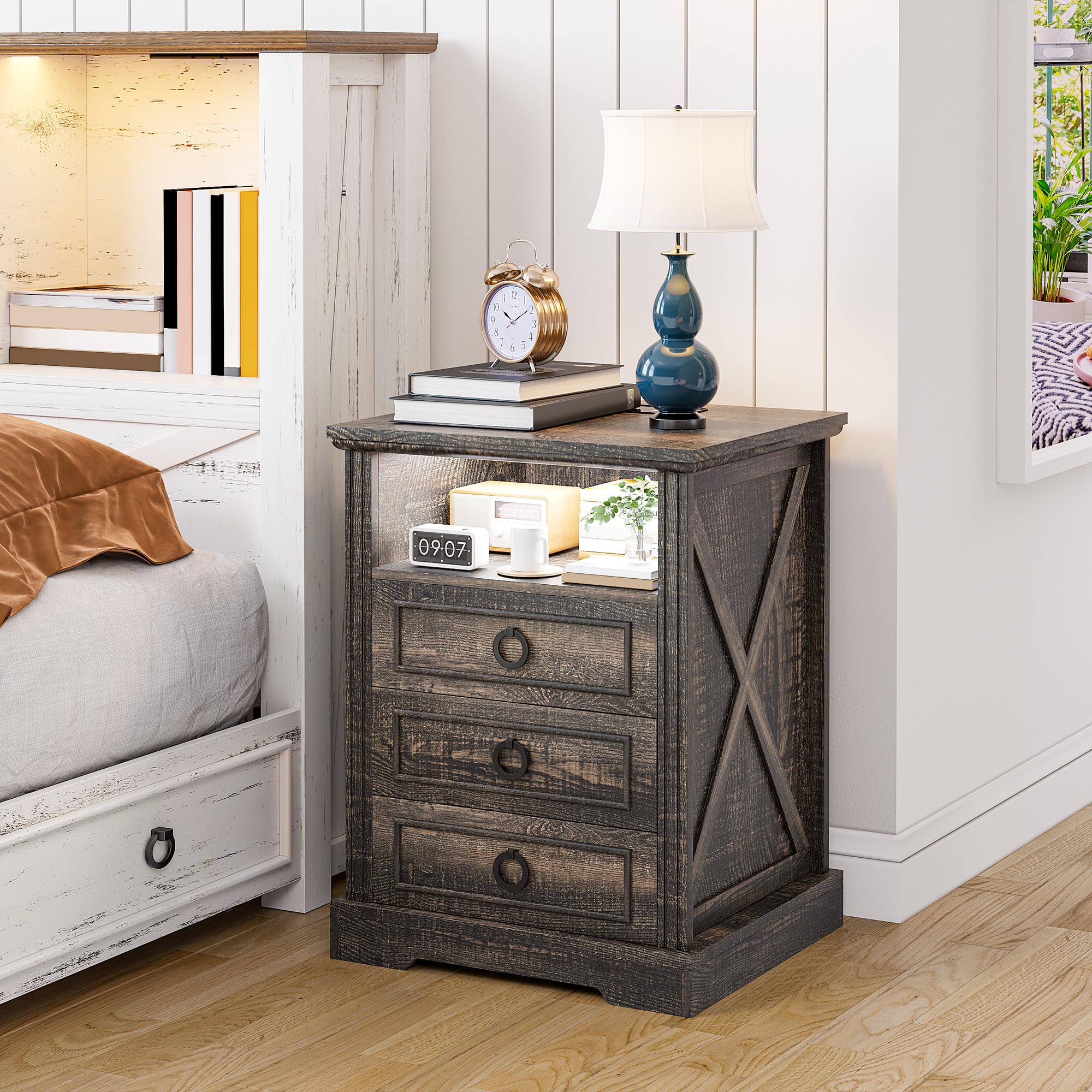 Nightstand Set 2 with Charging Station, Farmhouse End Side Table