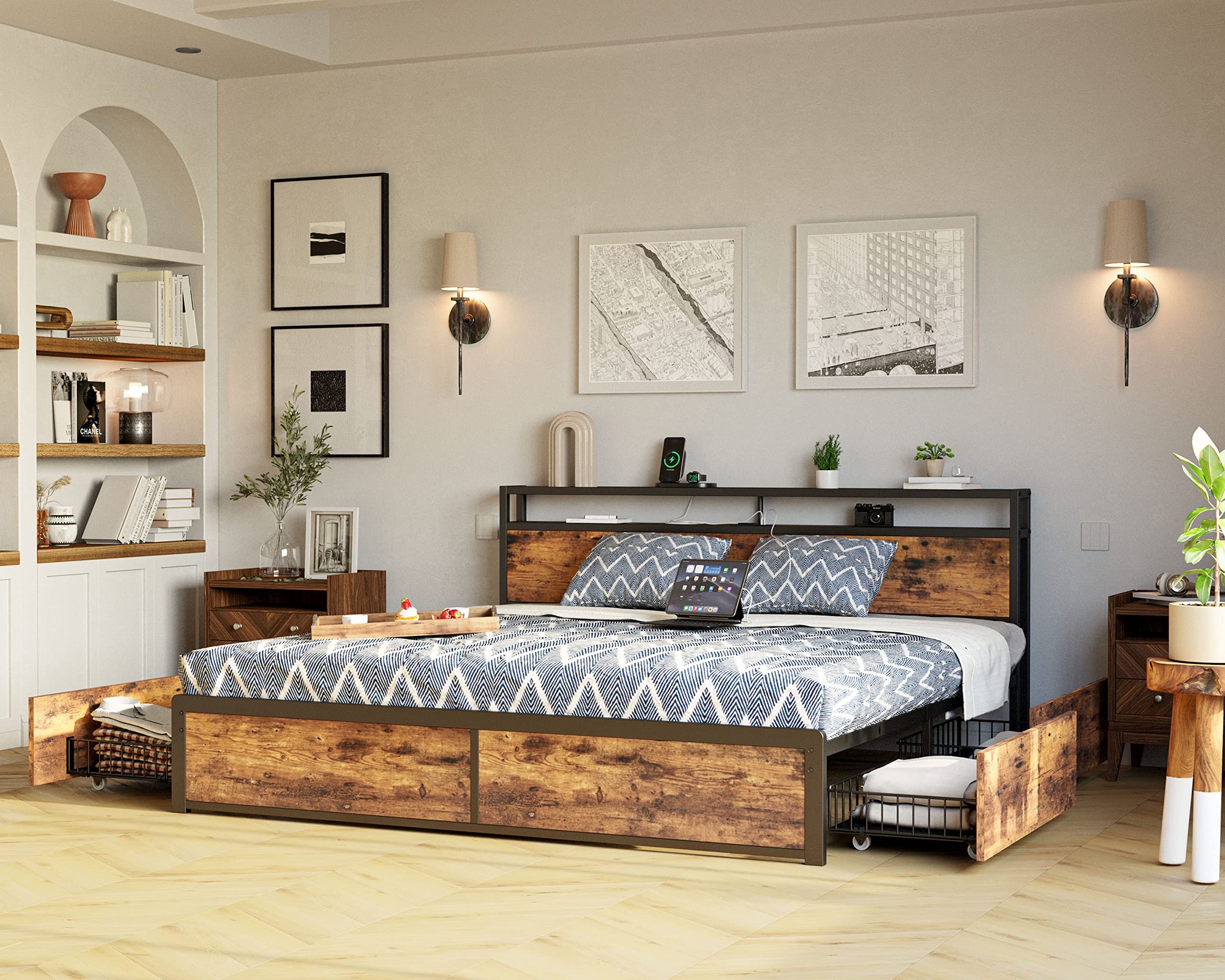 King Bed Frame with Storage Drawer, 2-Tier Storage Headboard with Charging Station