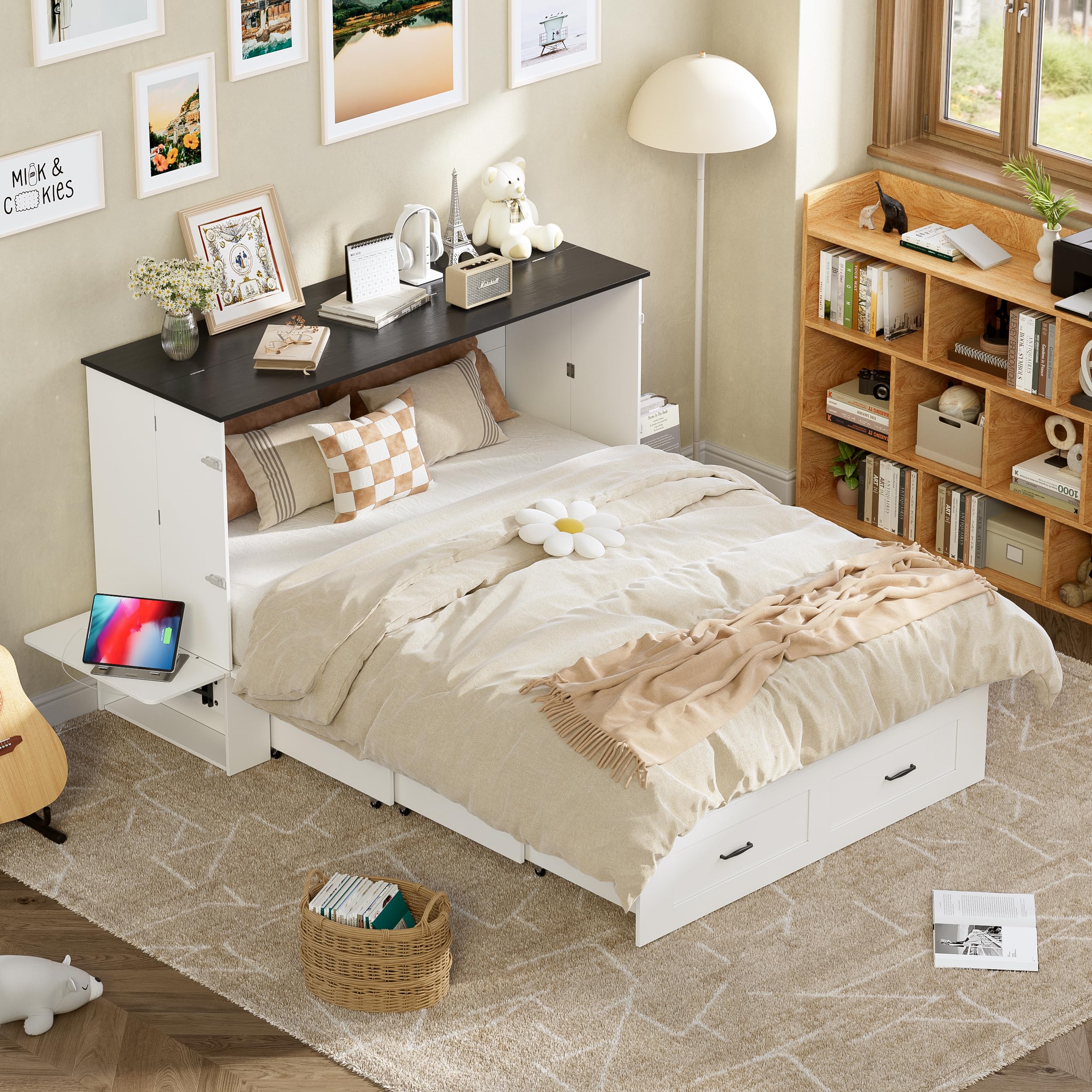 Queen Murphy Bed - Murphy Cabinet with Storage & Charging Station