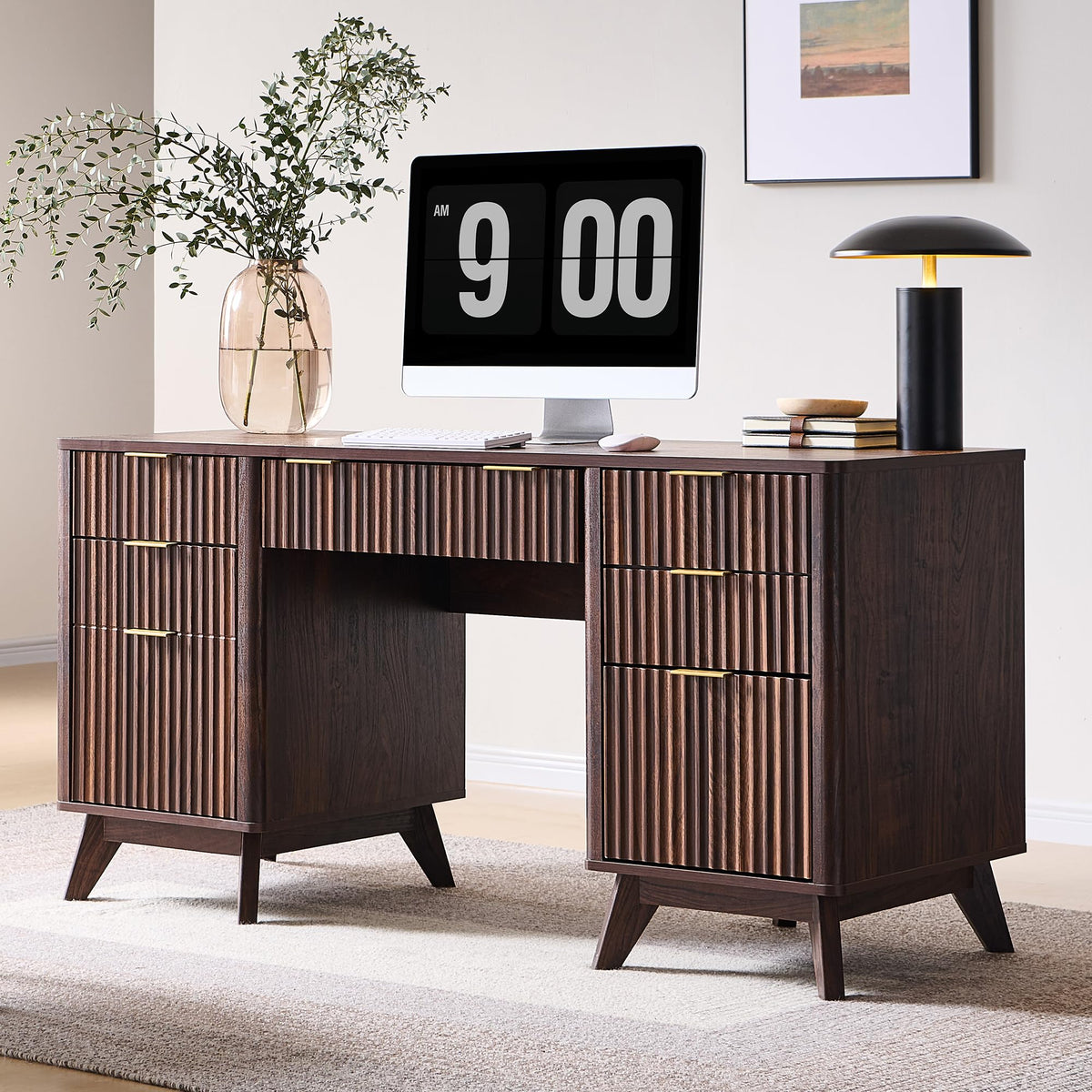 60" Modern Fluted Executive Desk with Charging Station, Drawers & Keyboard Tray