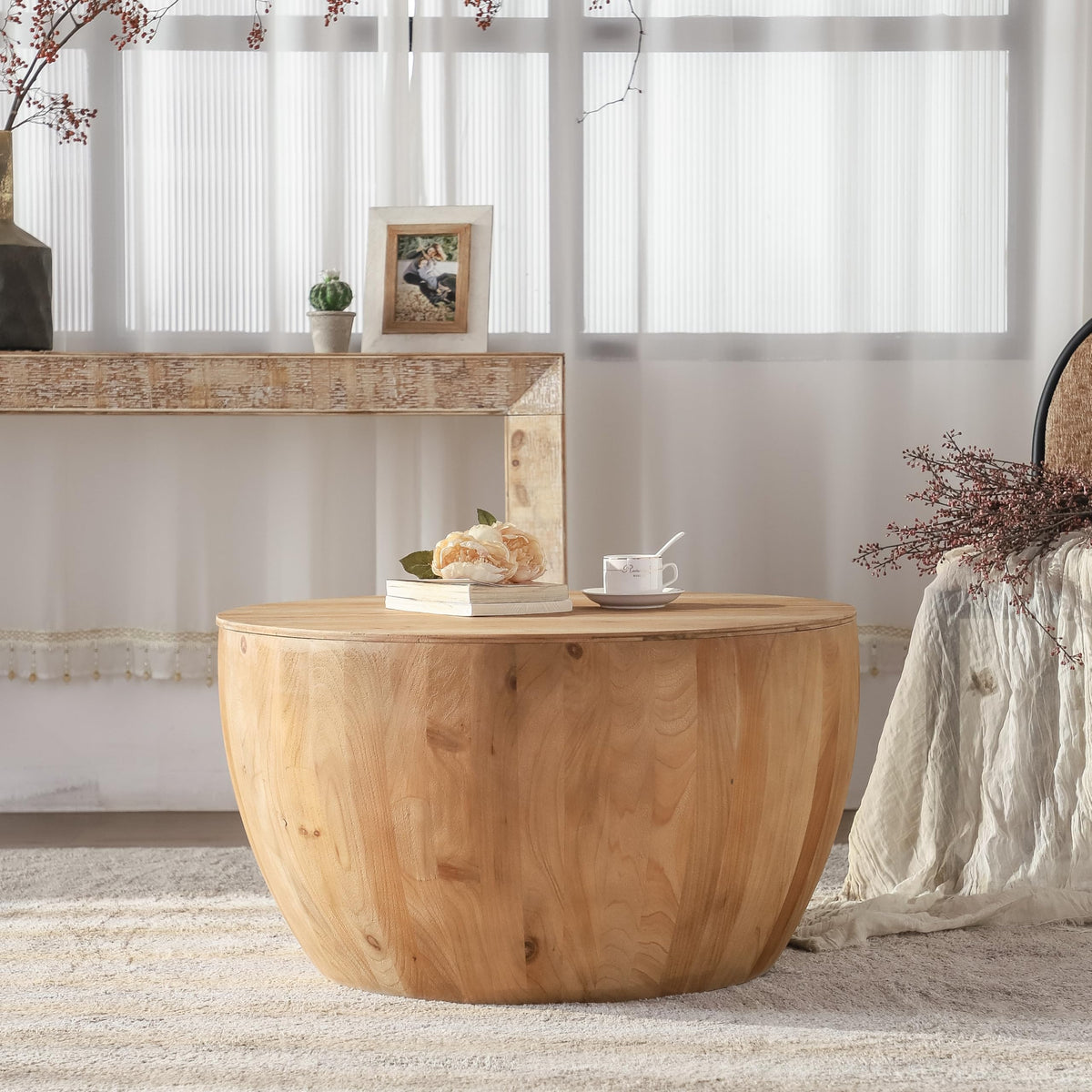 Round Barrel Coffee Table with Storage, No Assembly