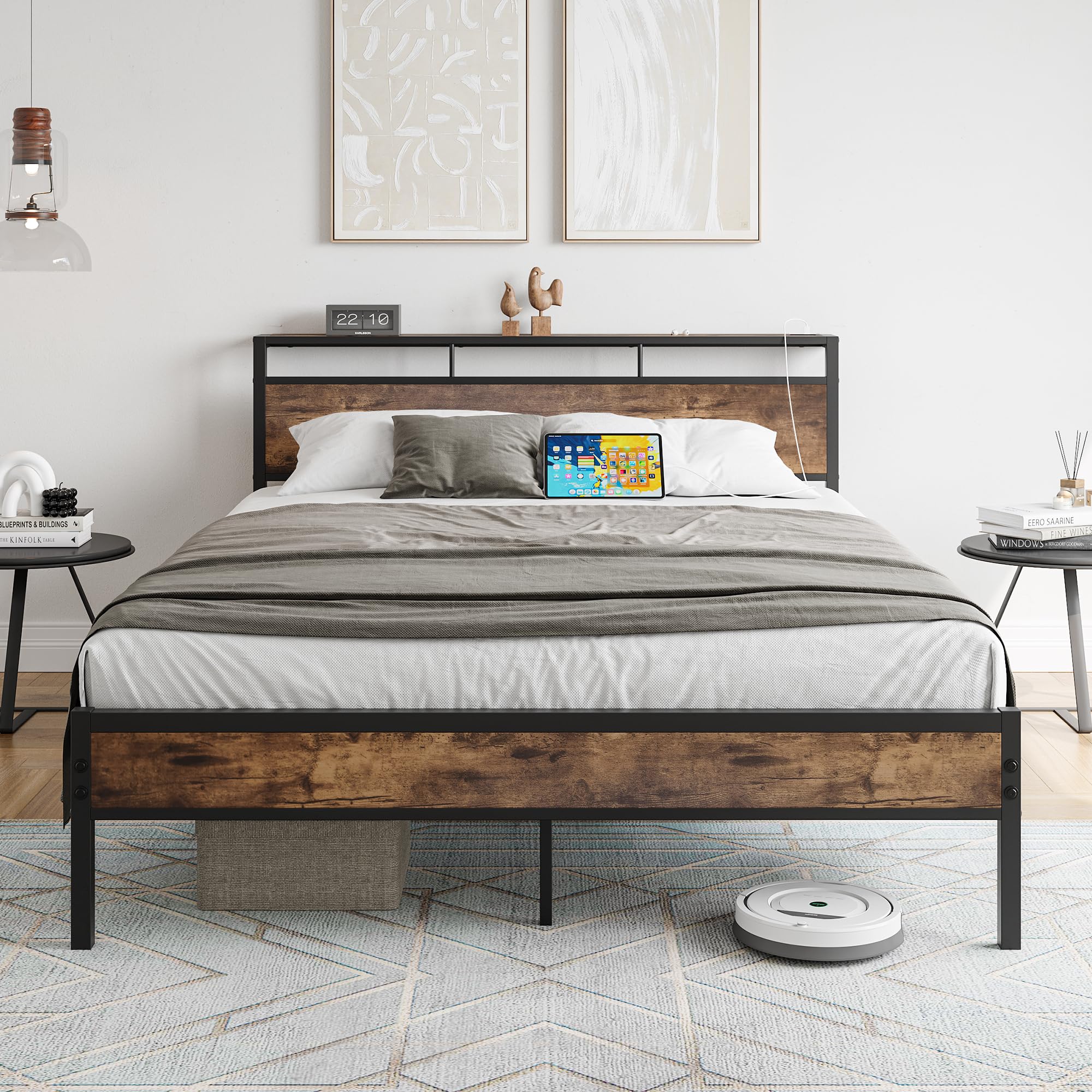 Queen Size Bed Frame, Storage Headboard with USB and TypeC Charging Station