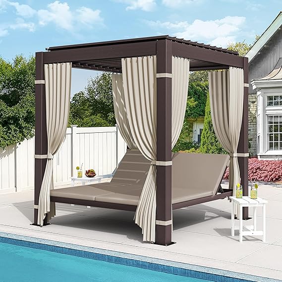 Outdoor Daybed with Full Aluminum Louvered Pergola Bed, Chaise Lounge