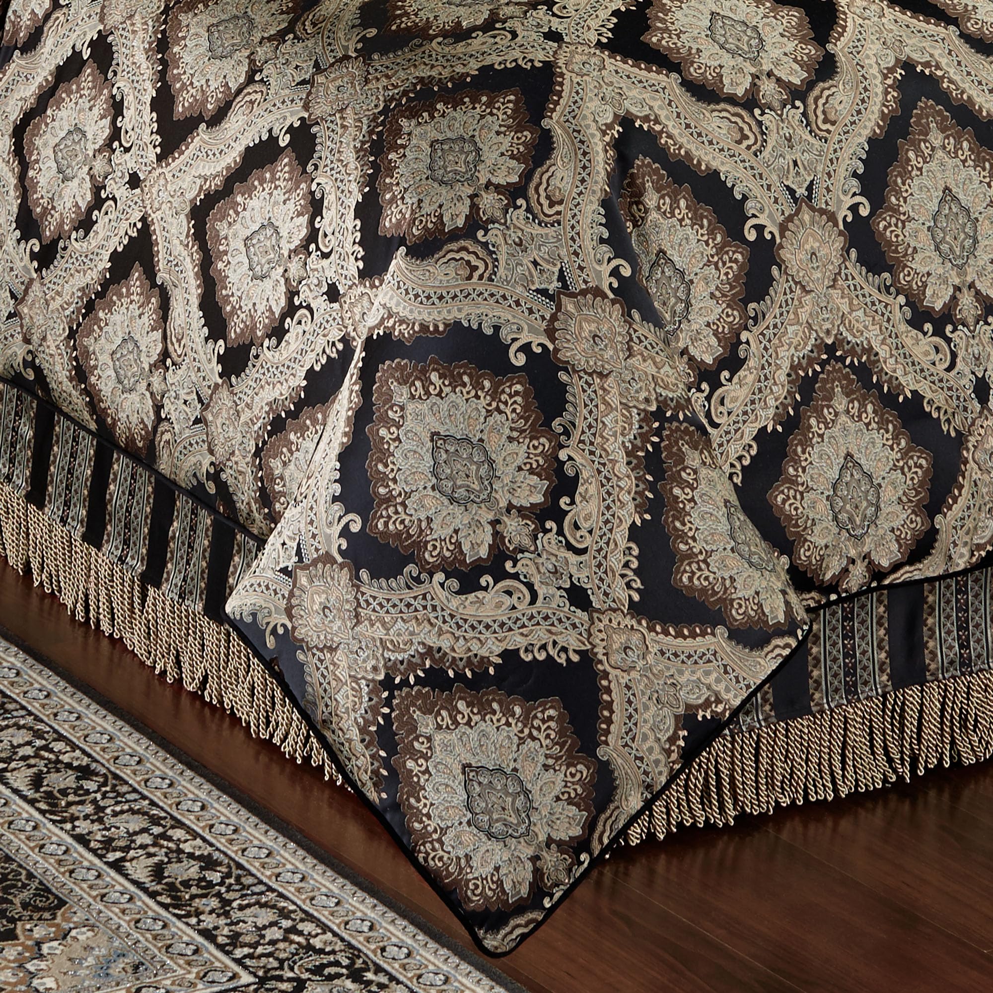 Fenmore Damask Medallion Oversized Luxury Bedding | Rich Black Taupe Silver