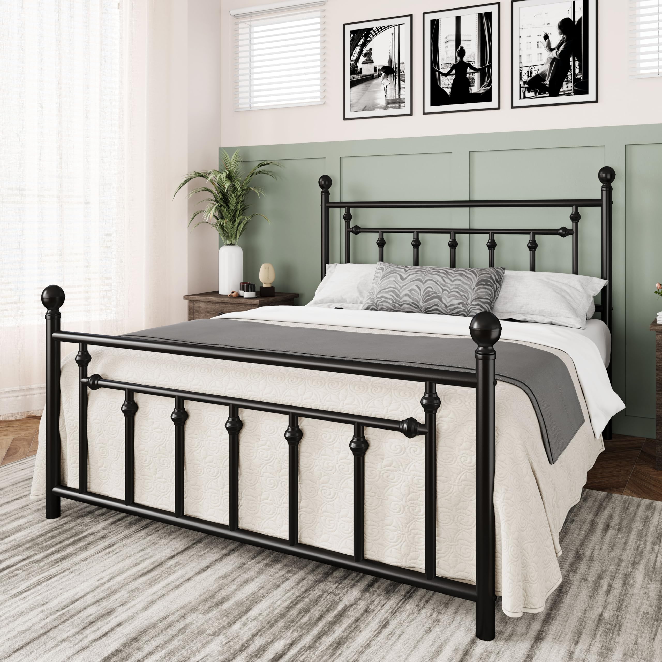14 Inch Queen Size Metal Platform Bed Frame with Victorian Vintage Headboard