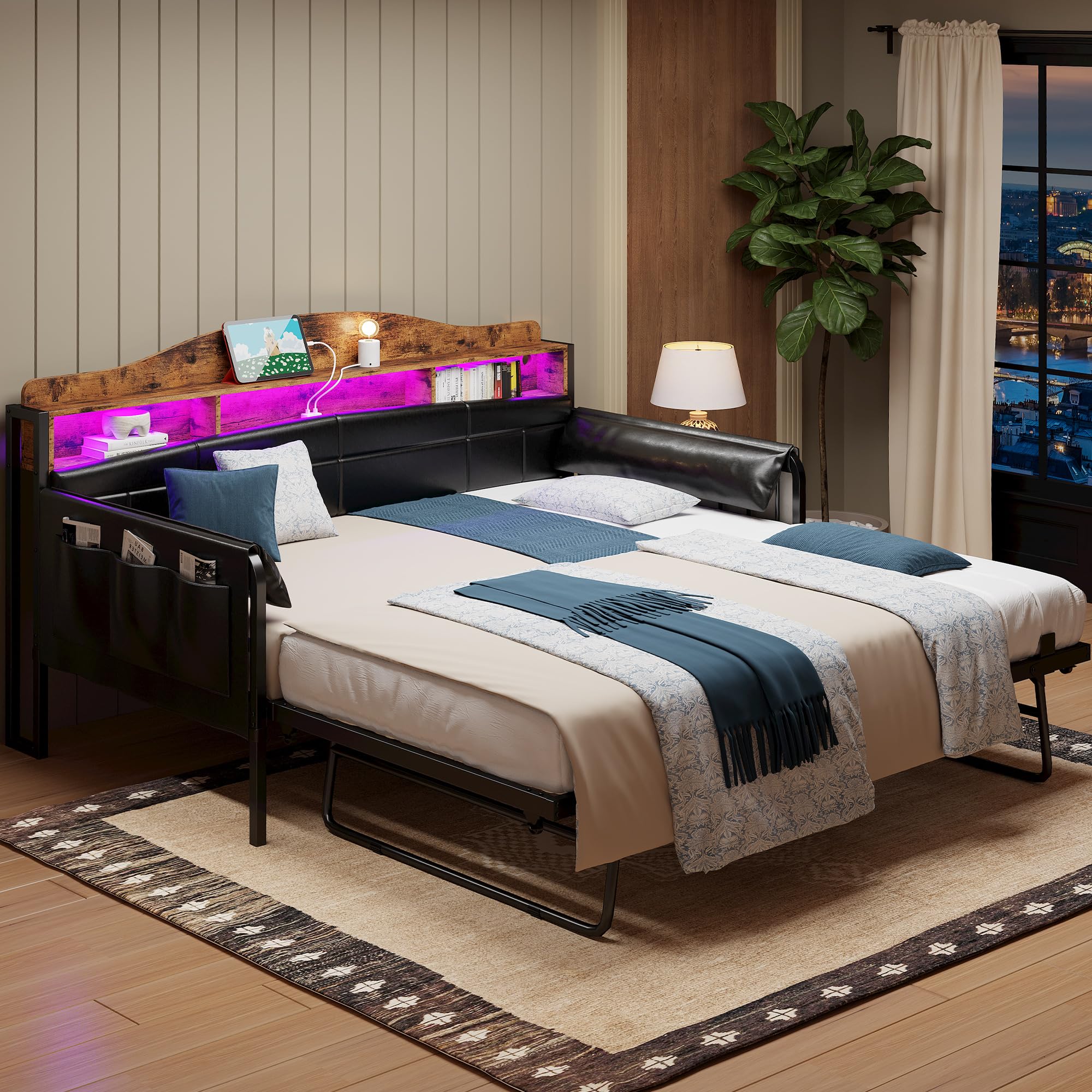 Daybed with Trundle, Twin Day Bed with Bookcase Headboard, Bedside Caddy