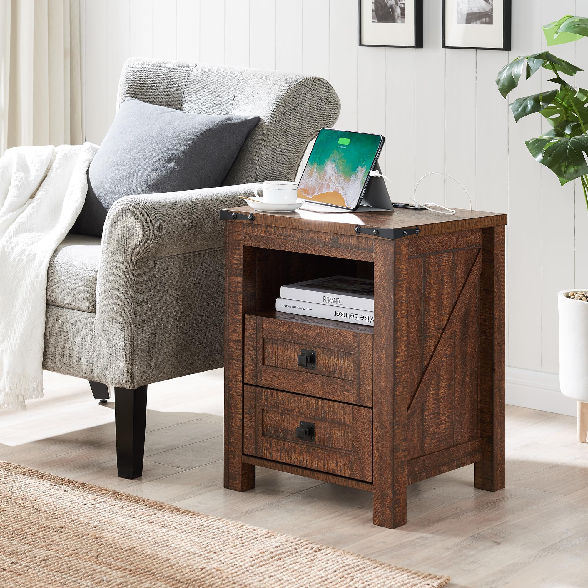Farmhouse Nightstand with Charging Station, Rustic 18 Inch End Table