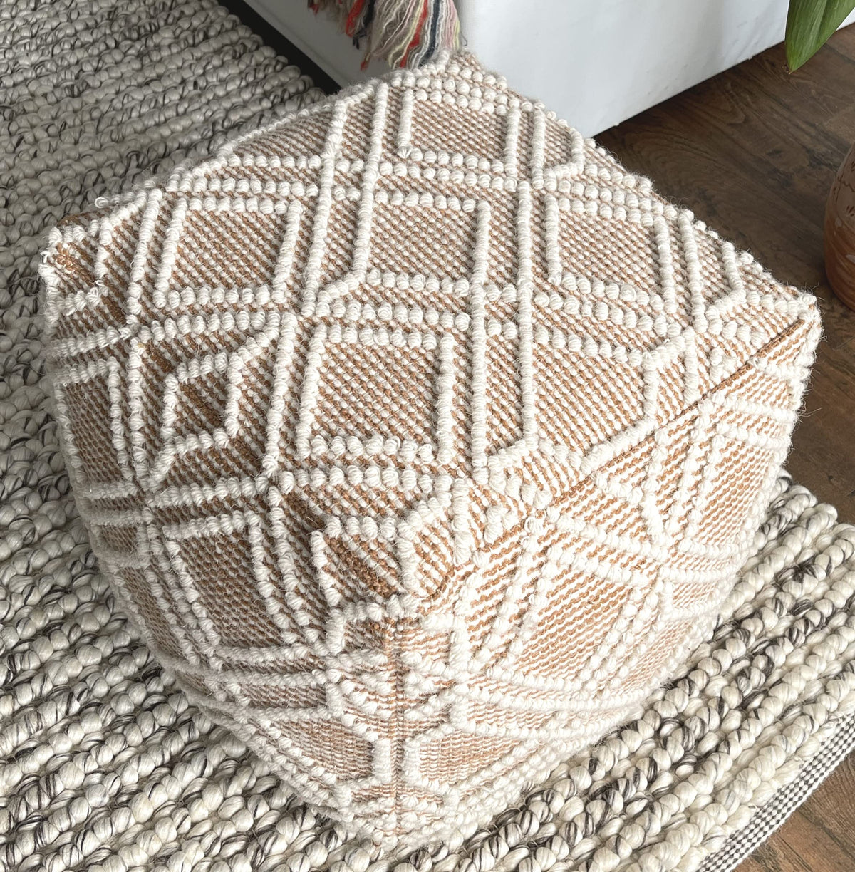 Handwoven Wool & Cotton Square Pouf Footstool