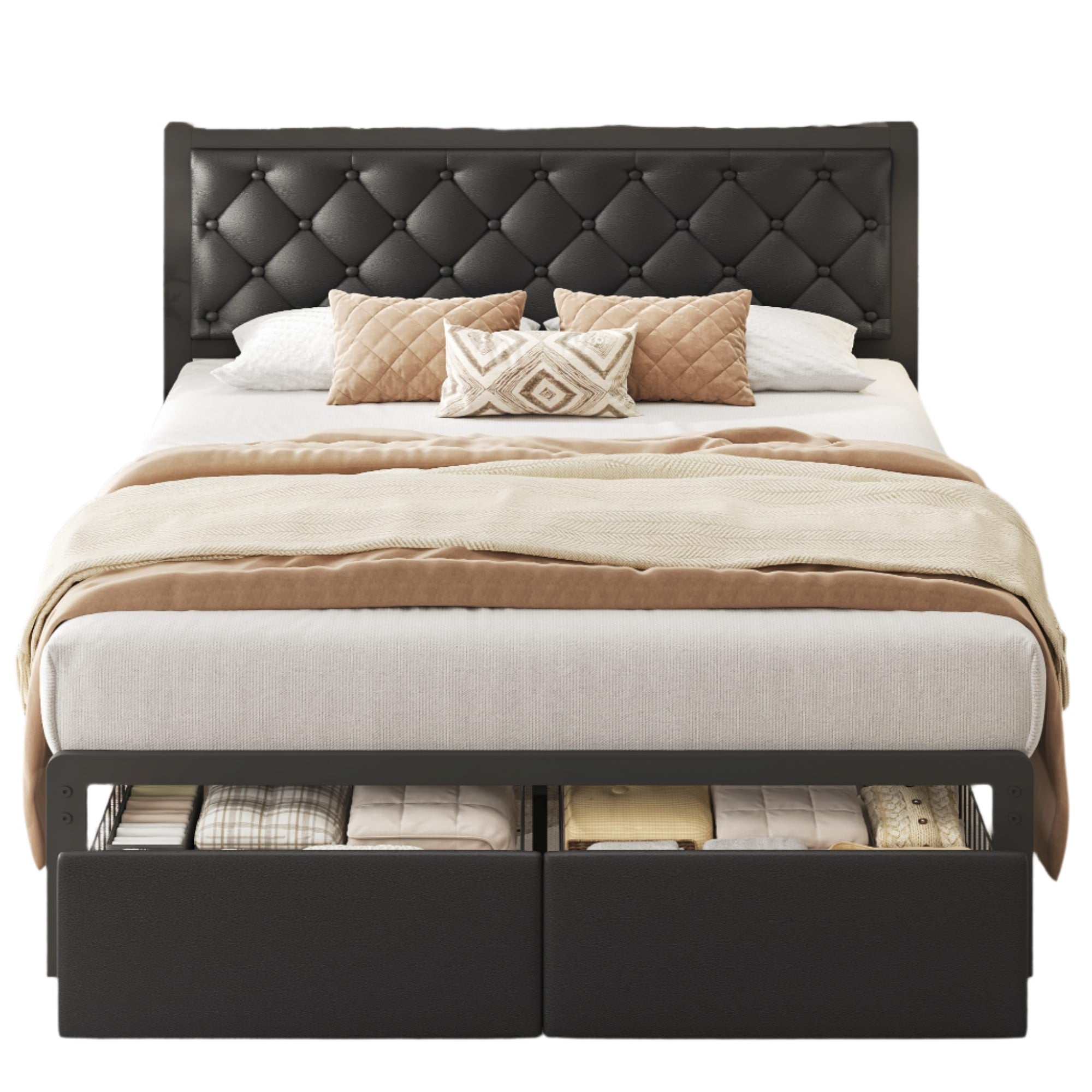 Queen Bed Frame with 2 Storage Drawers, Upholstered Headboard Button Tufted