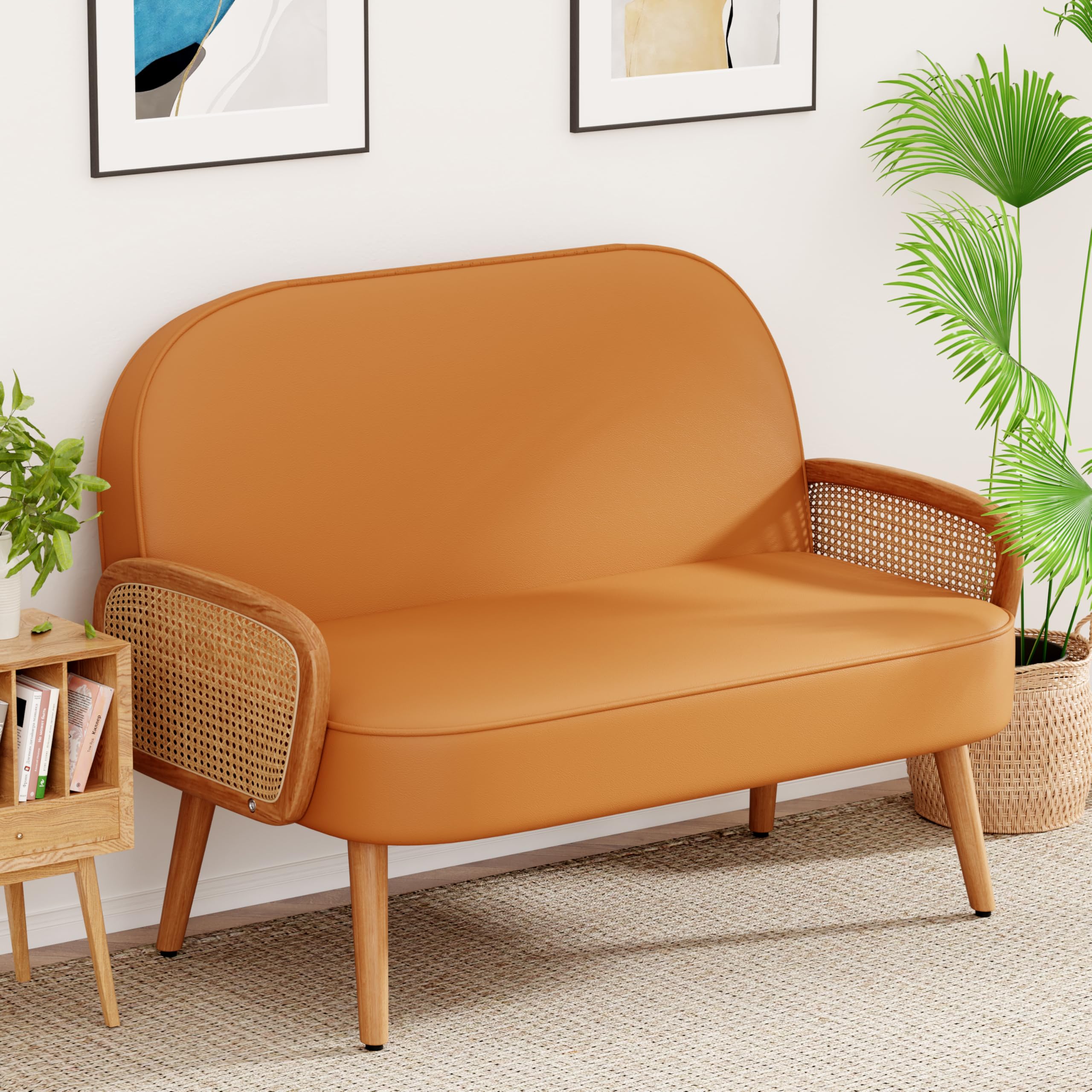 45" W Faux Leather Small loveseat with Natural Rattan Arms