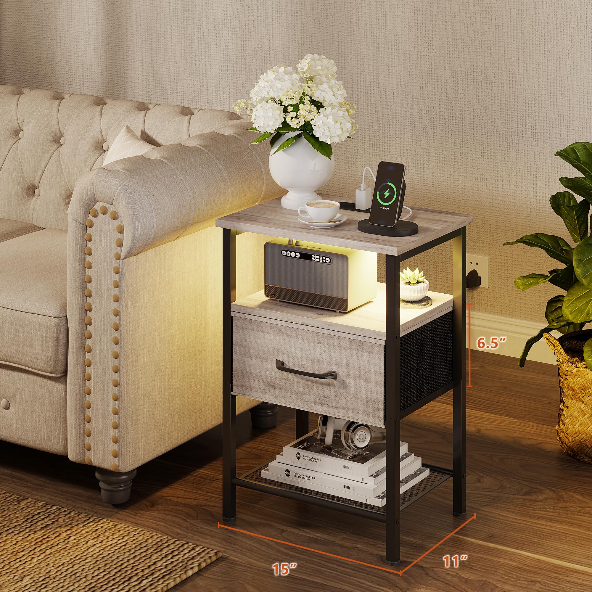 Night Stand Set 2, End Table with Charging Station