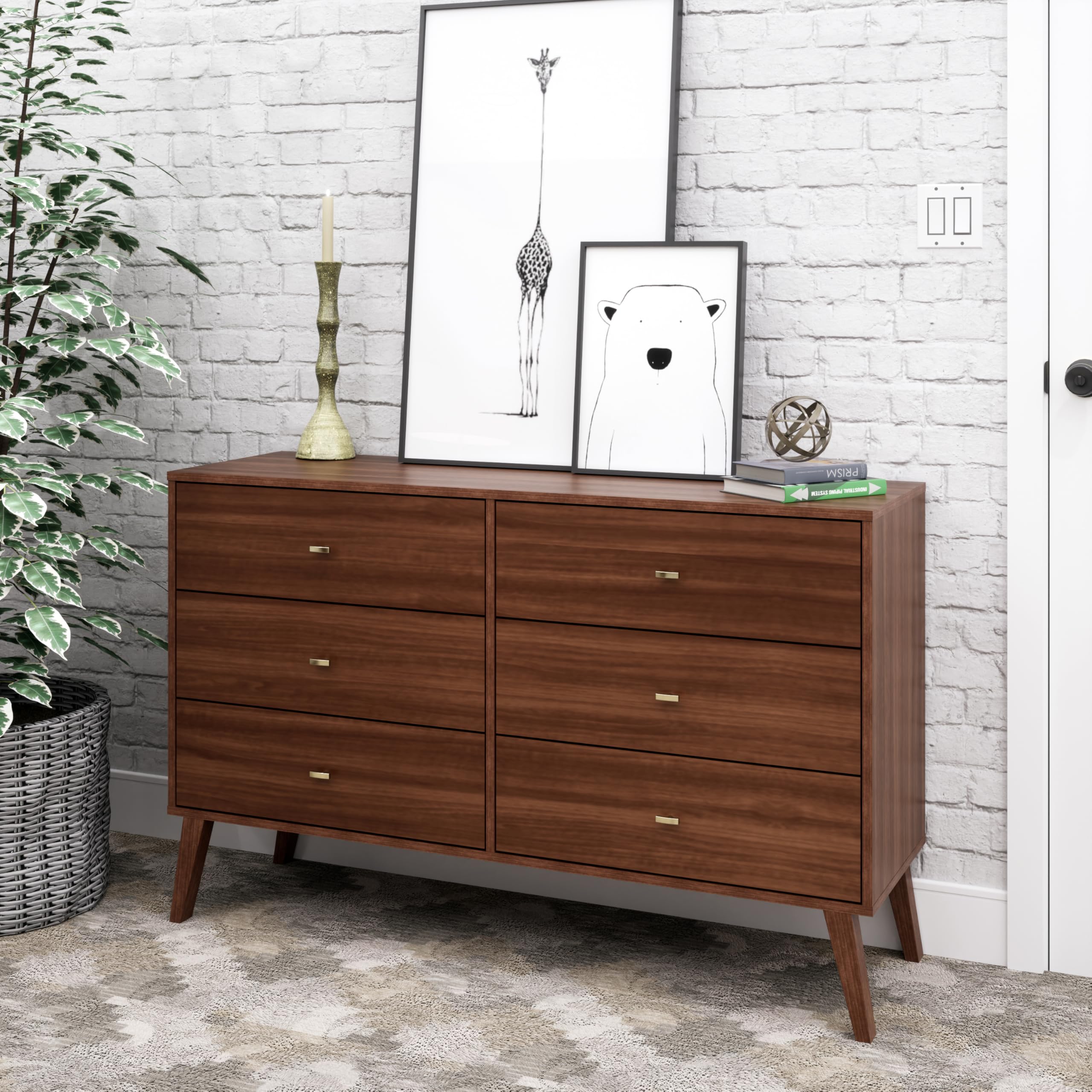 Milo Mid-Century Modern 6 Drawer Double Dresser for Bedroom, Wide Chest of Drawers