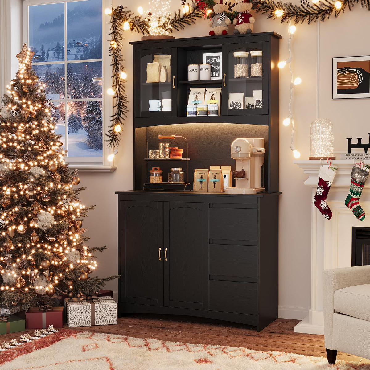 Tall Kitchen Pantry Cabinet with LED Lights & Charging Station
