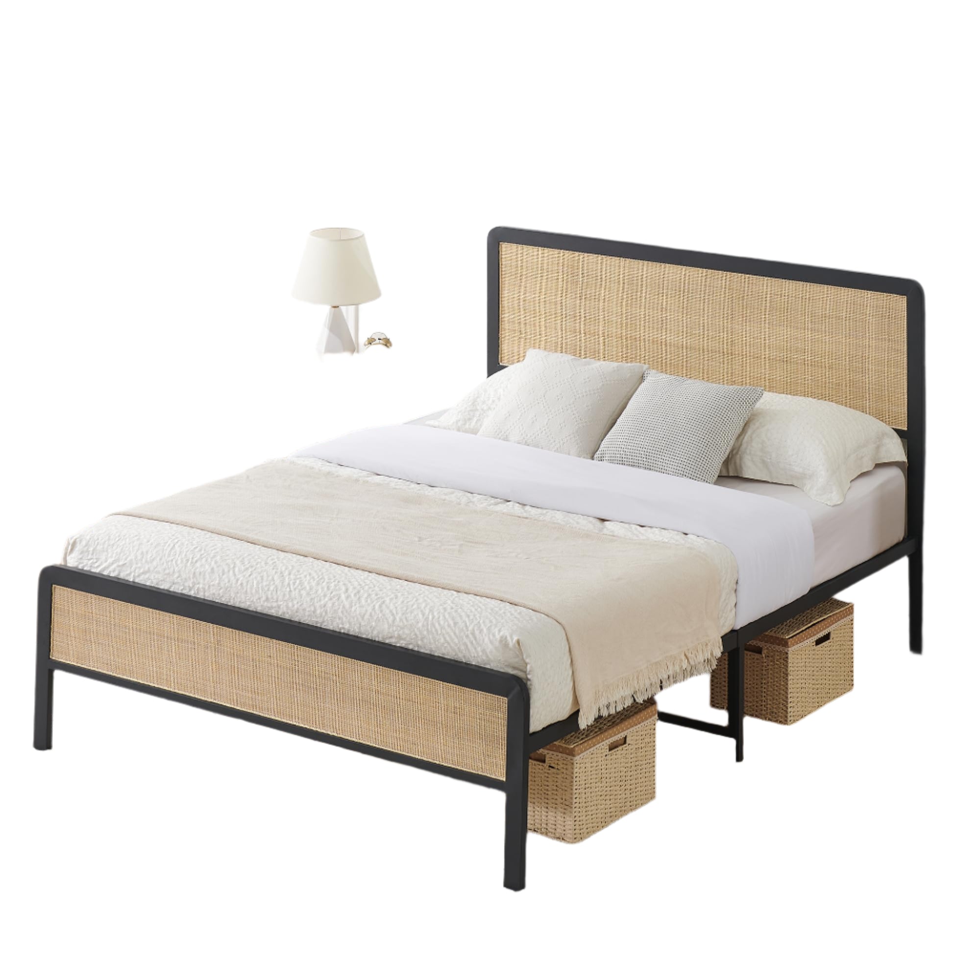 Queen Size Metal Bed Frame with Rattan Headboard and Footboard
