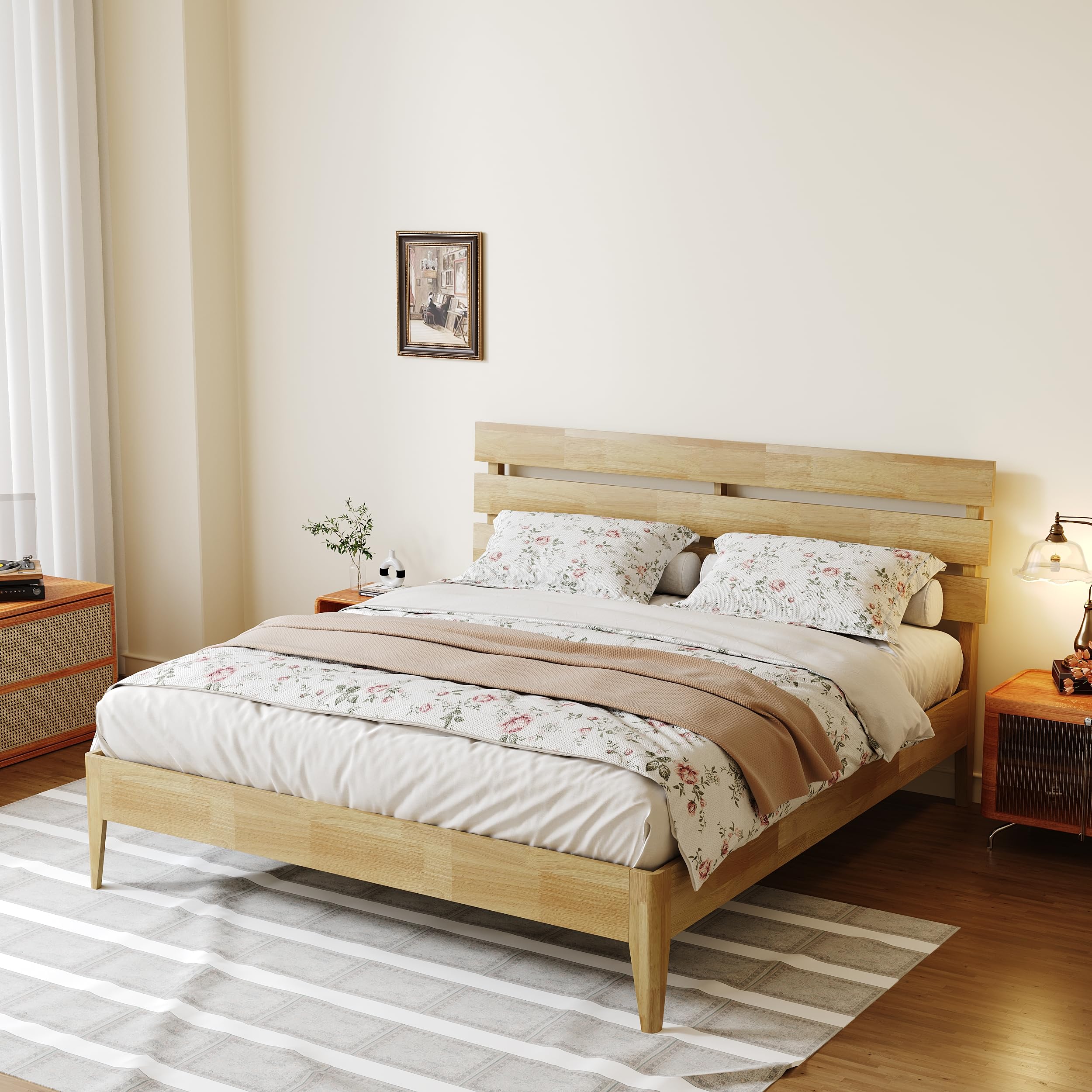 Wood Queen Bed Frame with Headboard, Mid-Century Modern Solid Wood Platform Bed