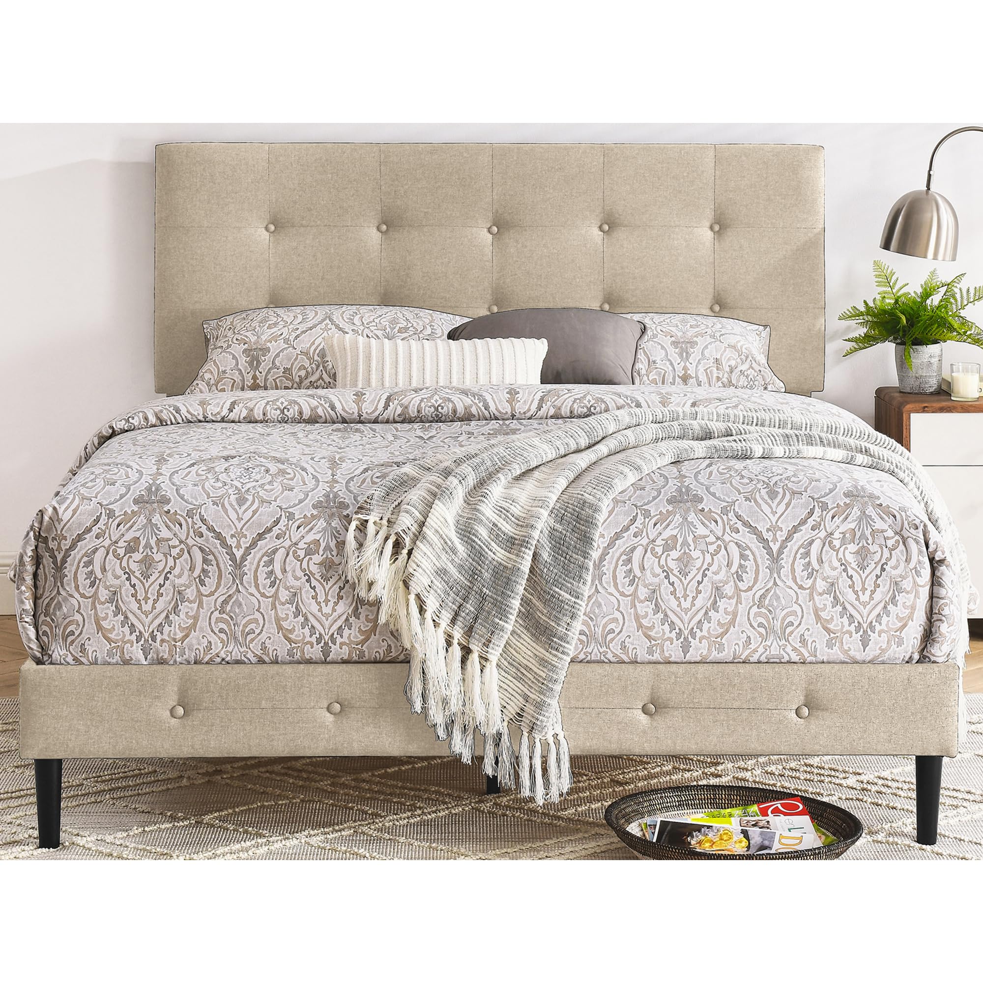 Cambridge Upholstered Wooden Platform Bed Frame with Headboard, King, Linen