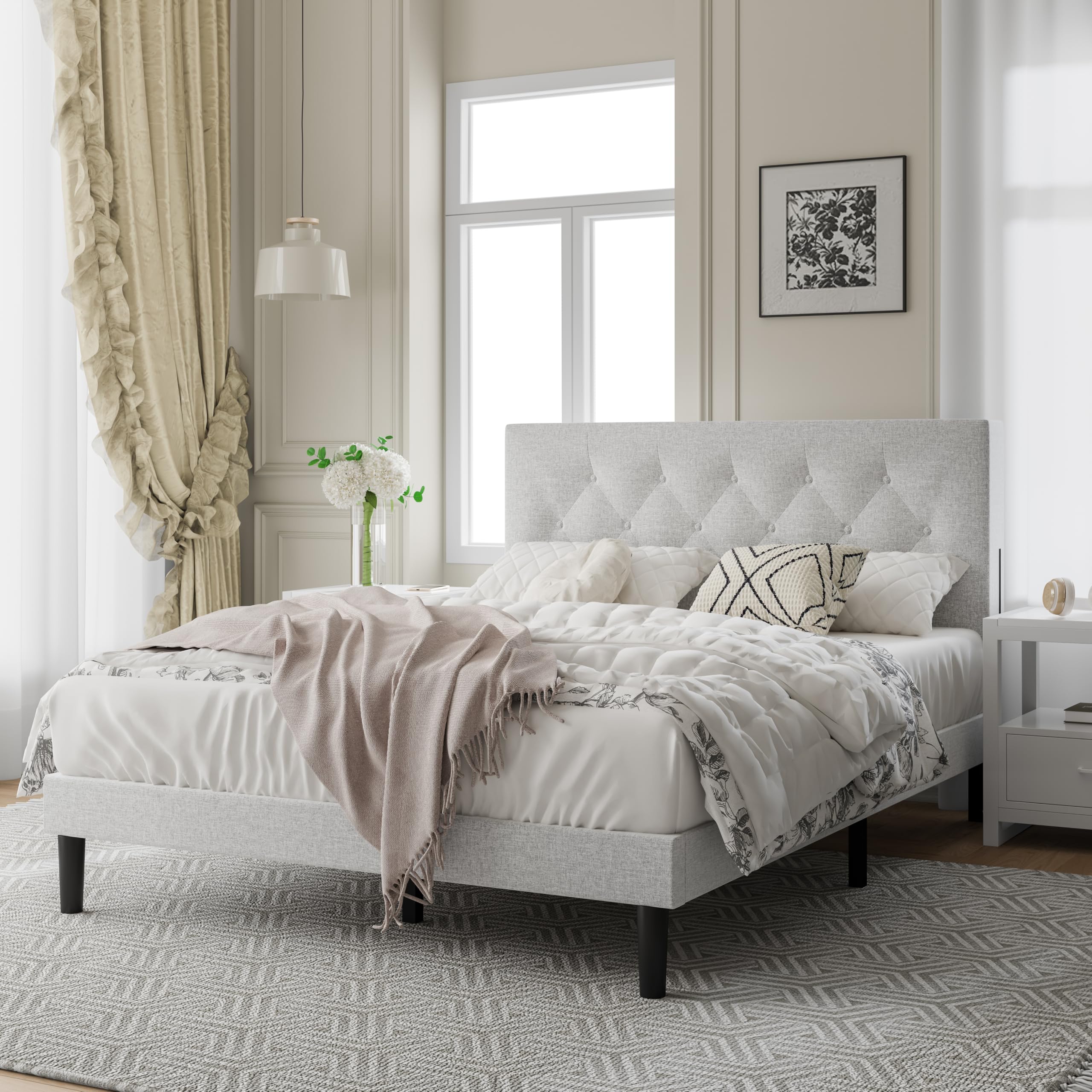 Full Platform Bed Frame with Fabric Button Upholstered Headboard and Wooden