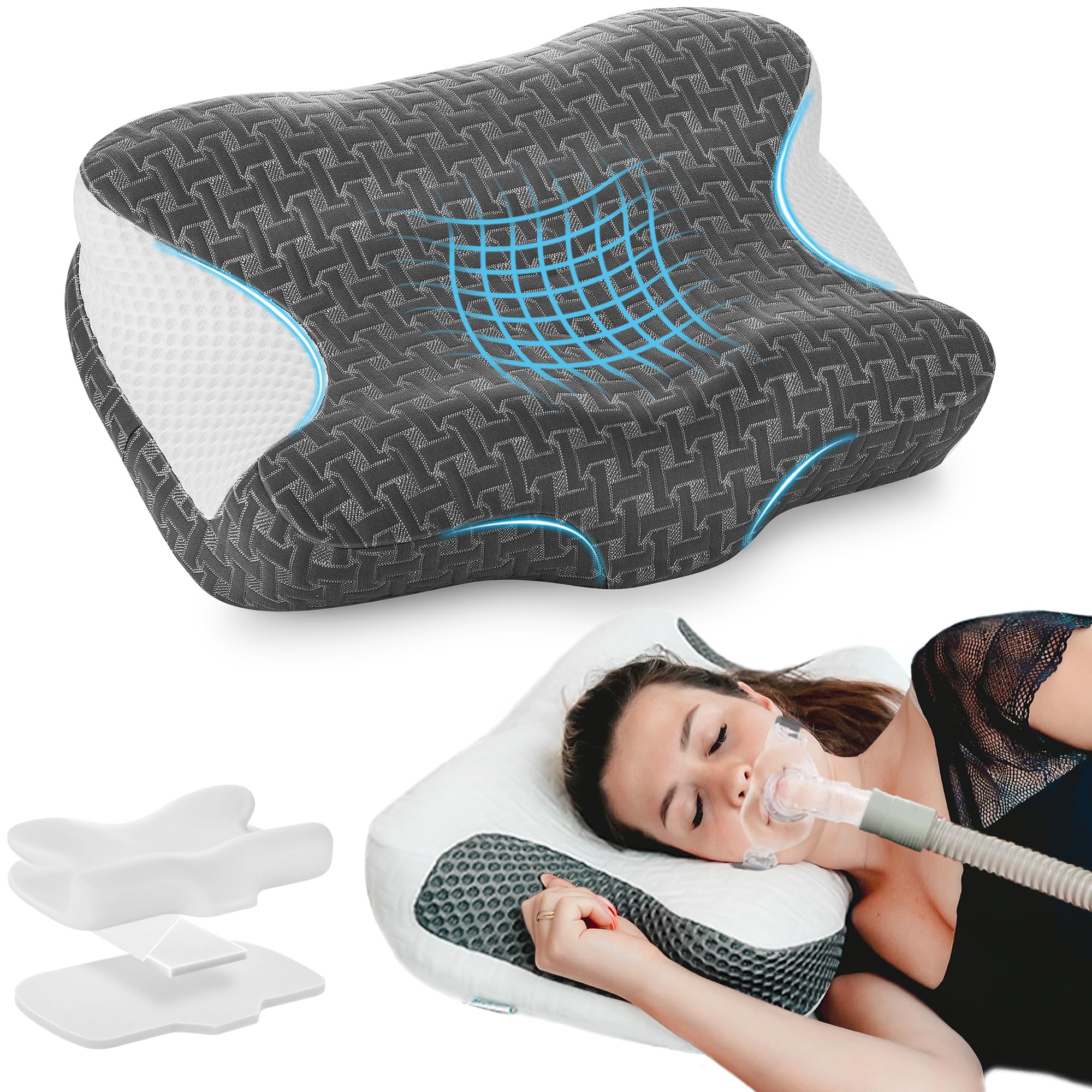CPAP Pillow for Sleeping, Ergonomic Adjustable Height Neck Support Memory