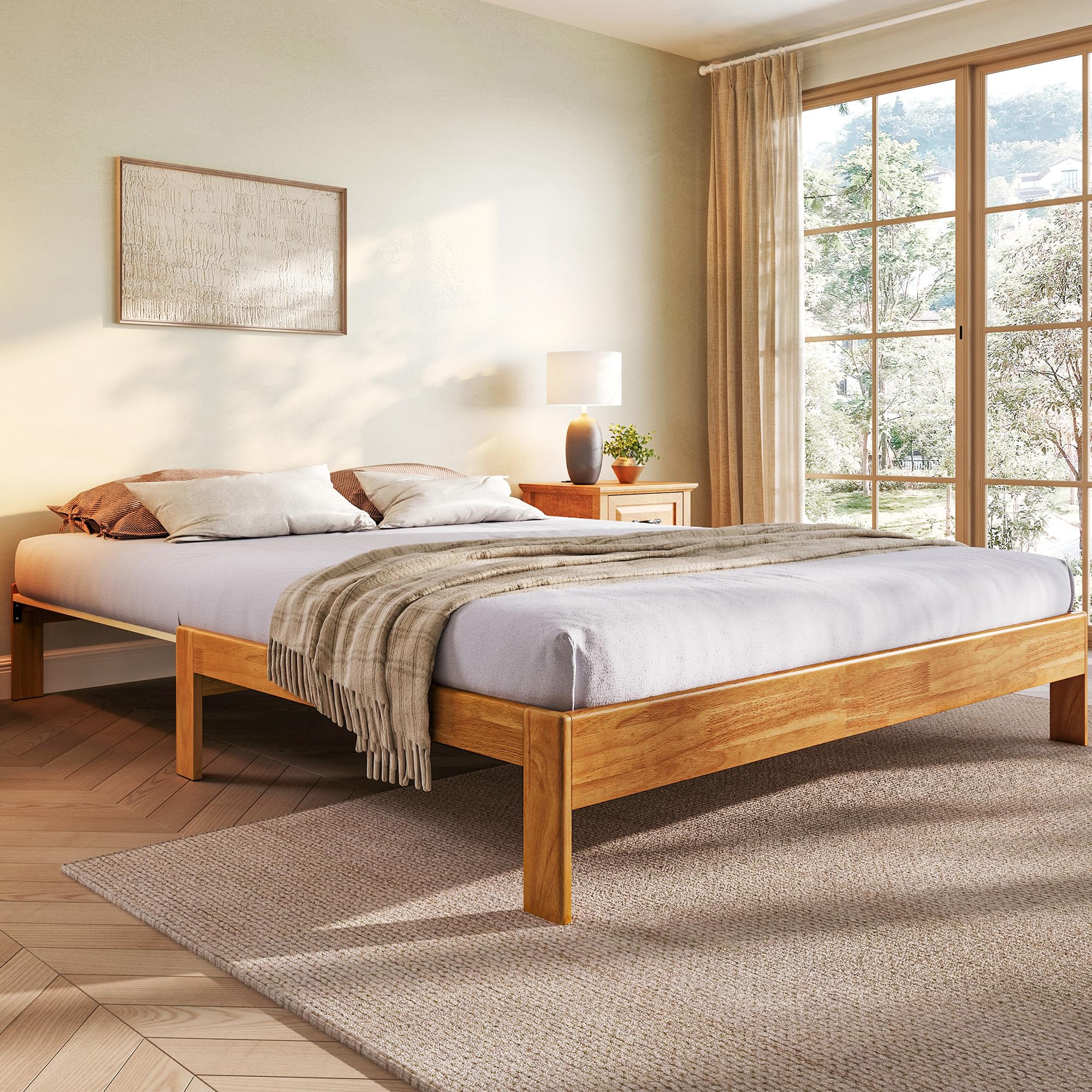 Wood Bed Frame Queen Platform Bed, Retractable Queen-Size Bedframe