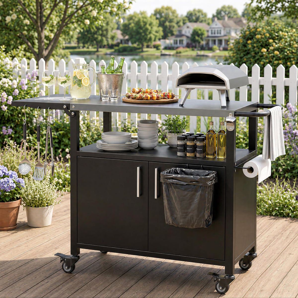 Outdoor Grill Cart with Foldable Stainless Steel Top & Storage
